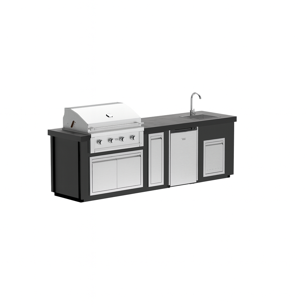 Stainless steel outdoor kitchen island with sink and storage and refrigerator