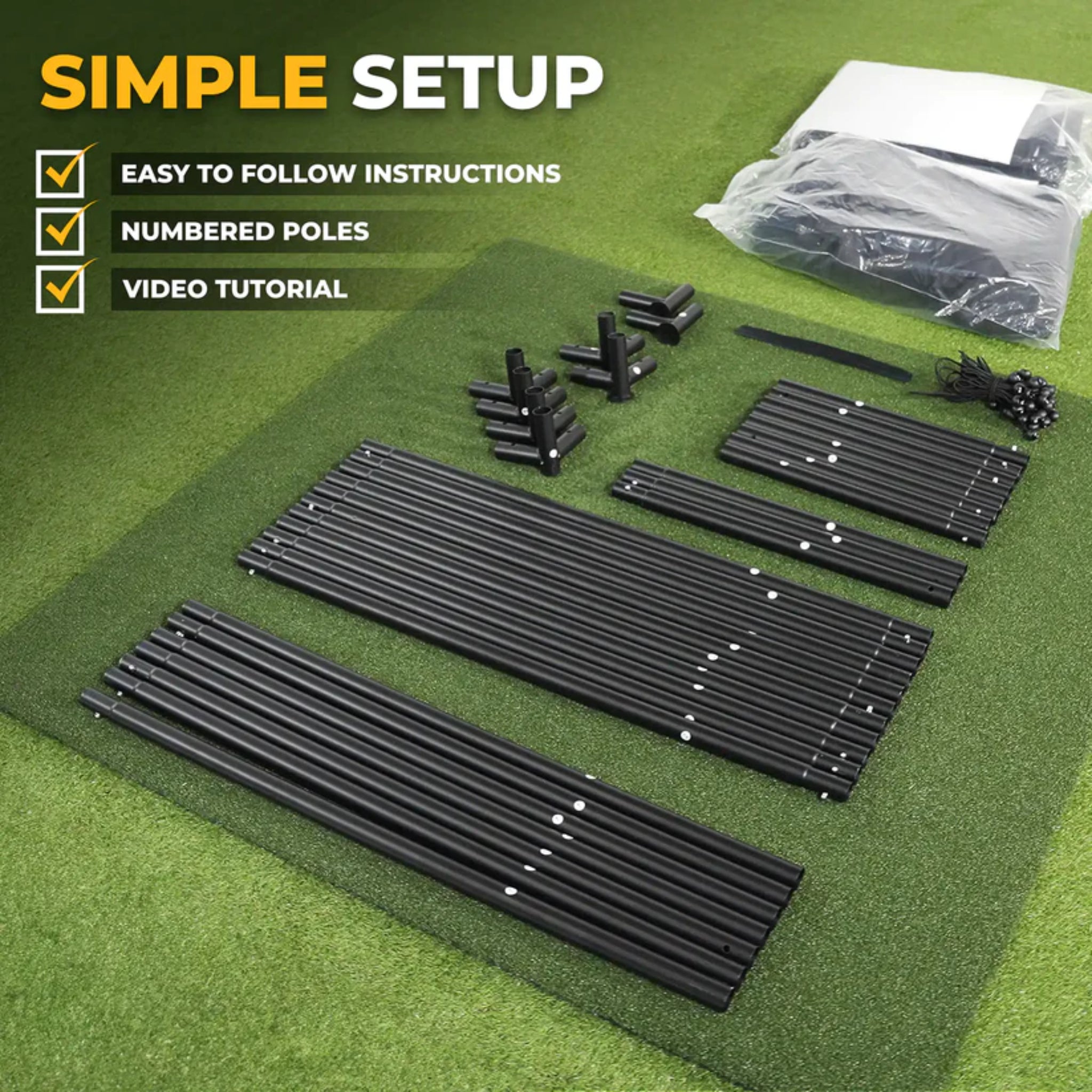 SimSpace golf simulator enclosure components arranged for quick and easy assembly