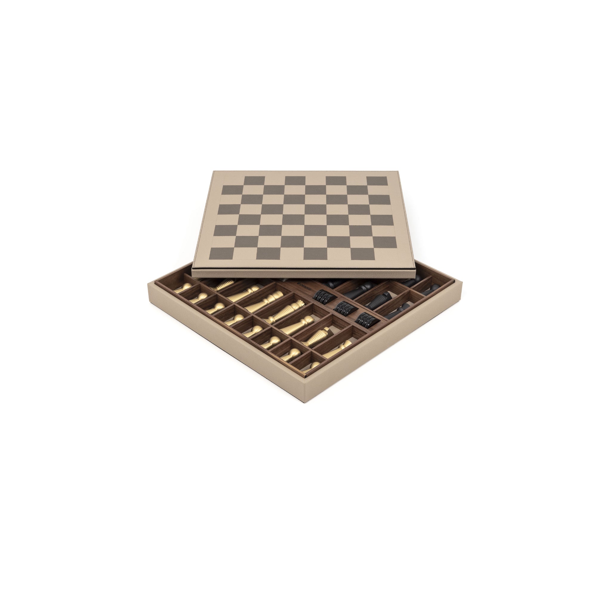 Chess and Checker Set in Italian Leather, Brass and Pearl | Pinetti Collection