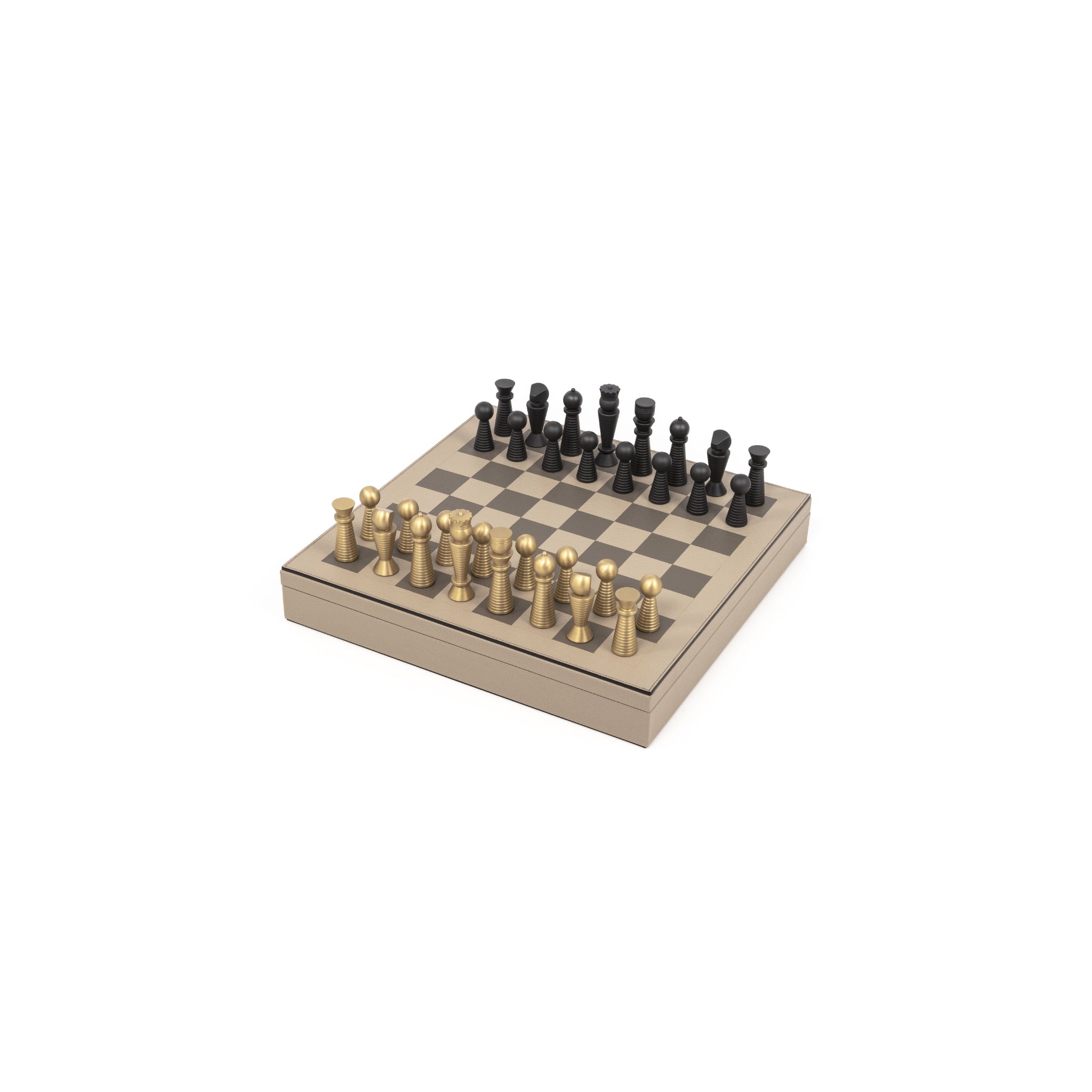Chess and Checker Set in Italian Leather, Brass and Pearl | Pinetti Collection