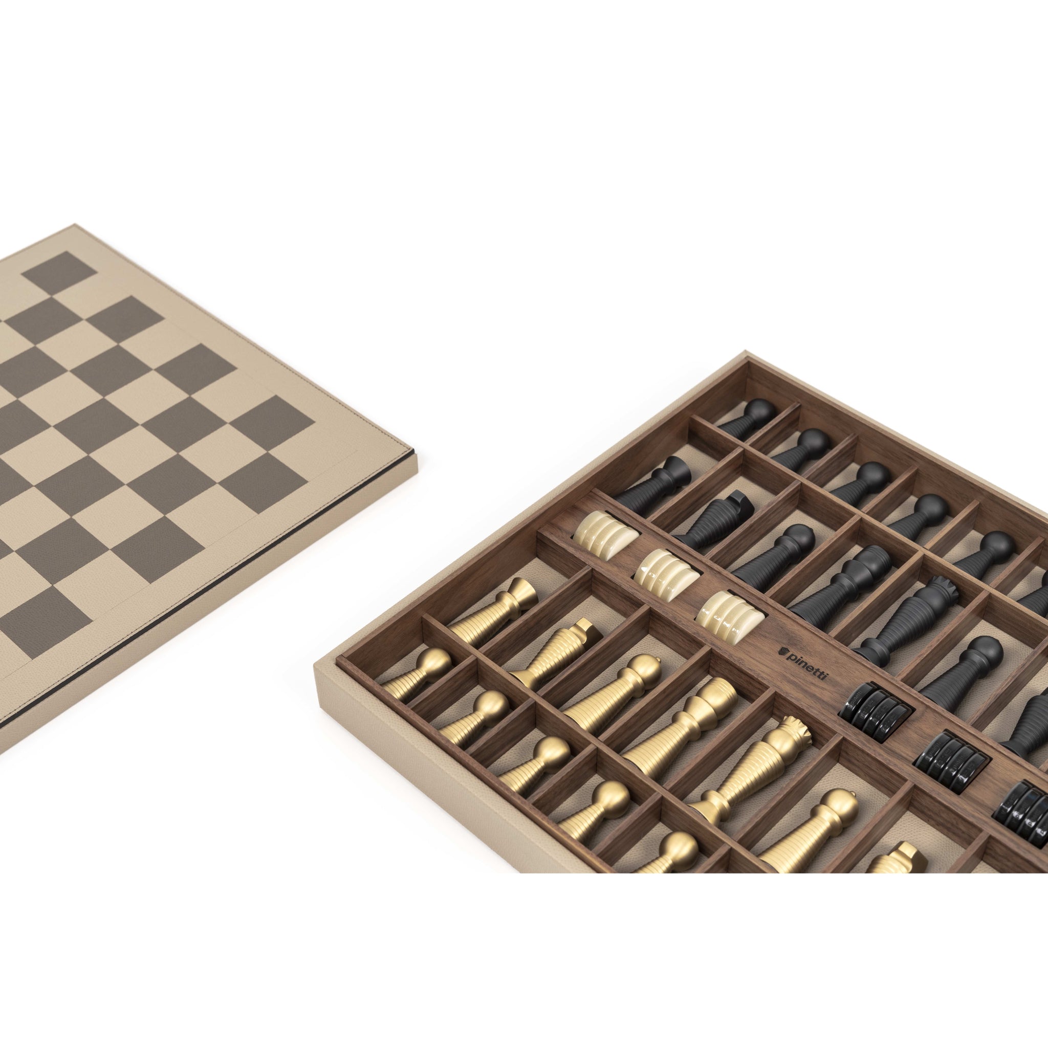 Chess and Checker Set in Italian Leather, Brass and Pearl | Pinetti Collection