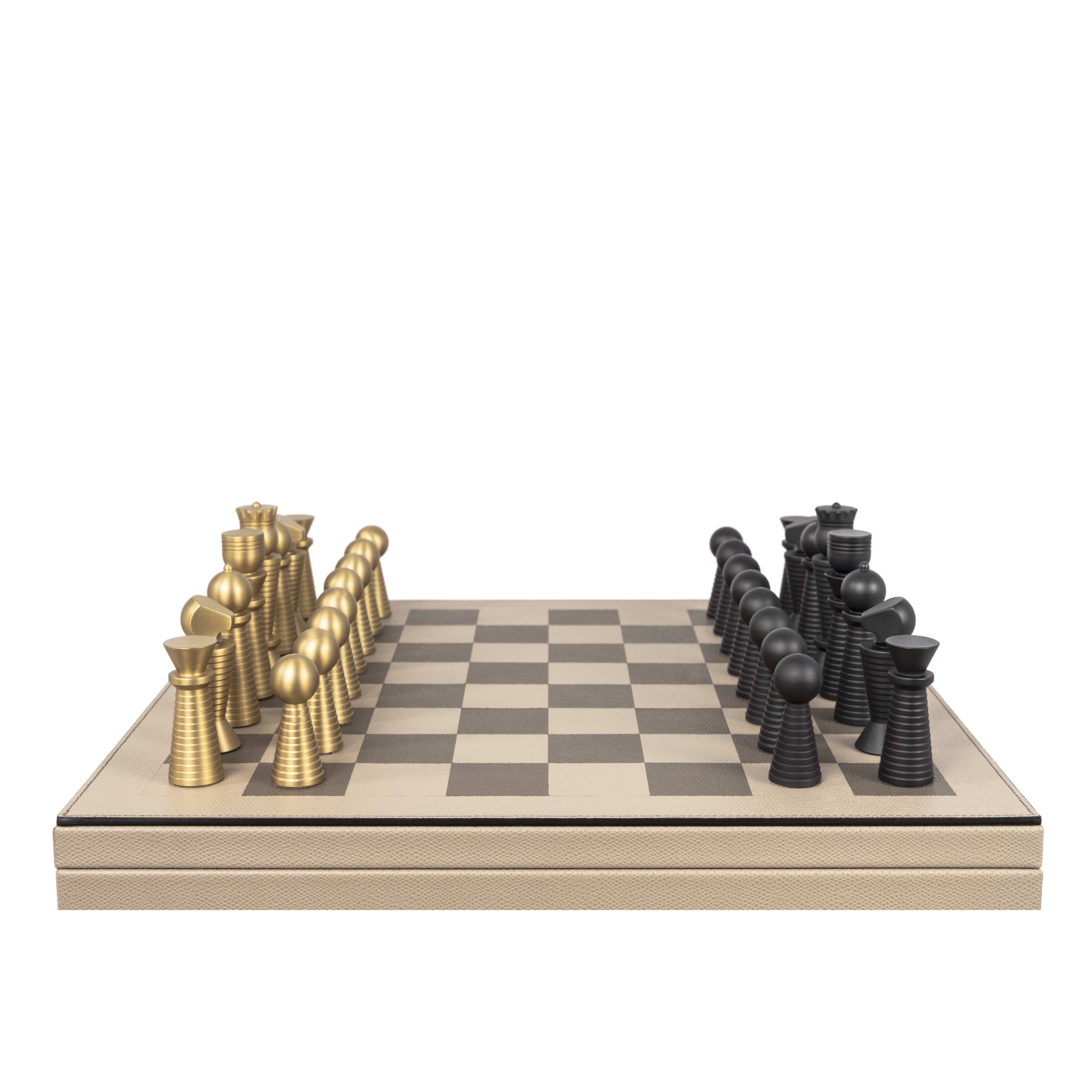 Chess and Checker Set in Italian Leather, Brass and Pearl | Pinetti Collection