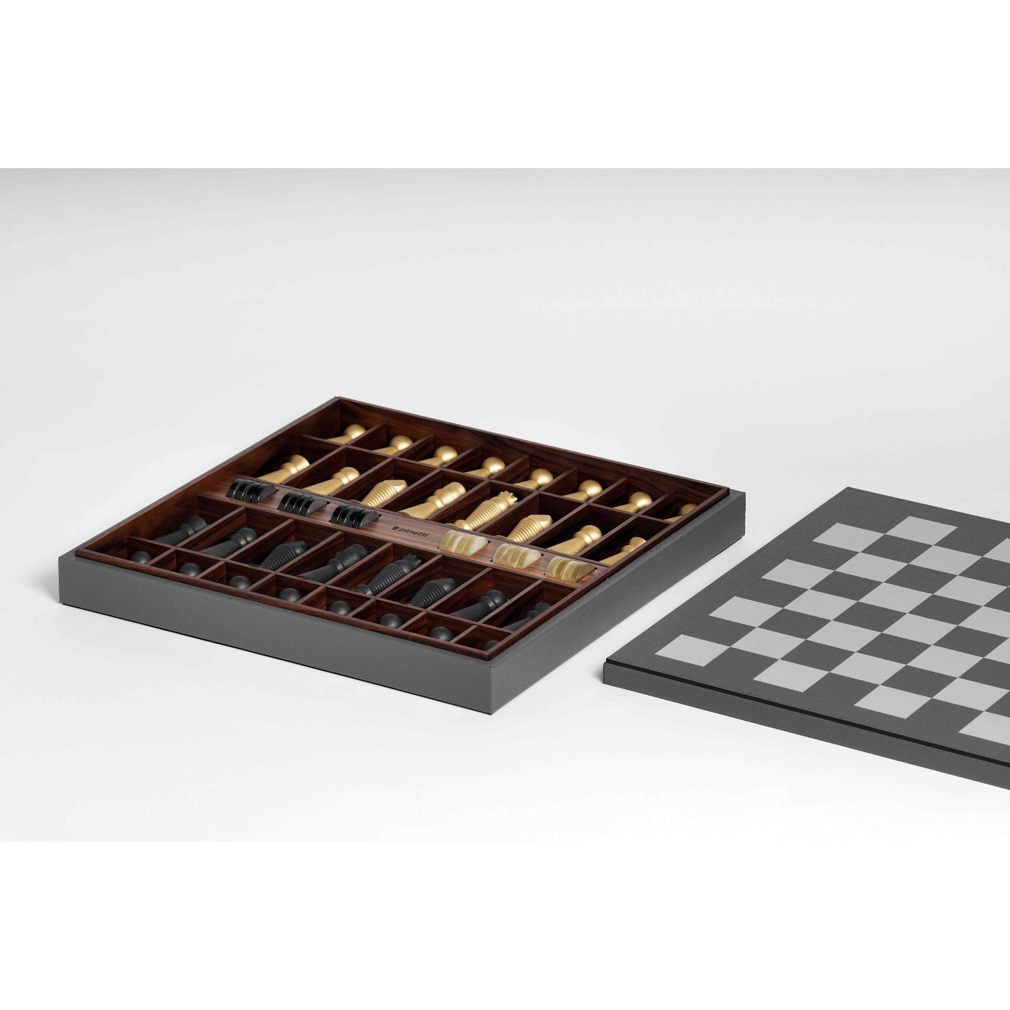 Chess and Checker Set in Italian Leather, Brass and Pearl | Pinetti Collection