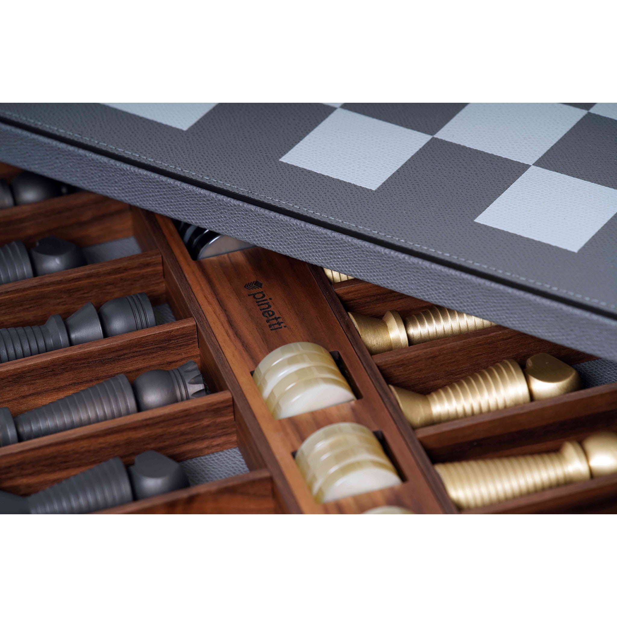Chess and Checker Set in Italian Leather, Brass and Pearl | Pinetti Collection