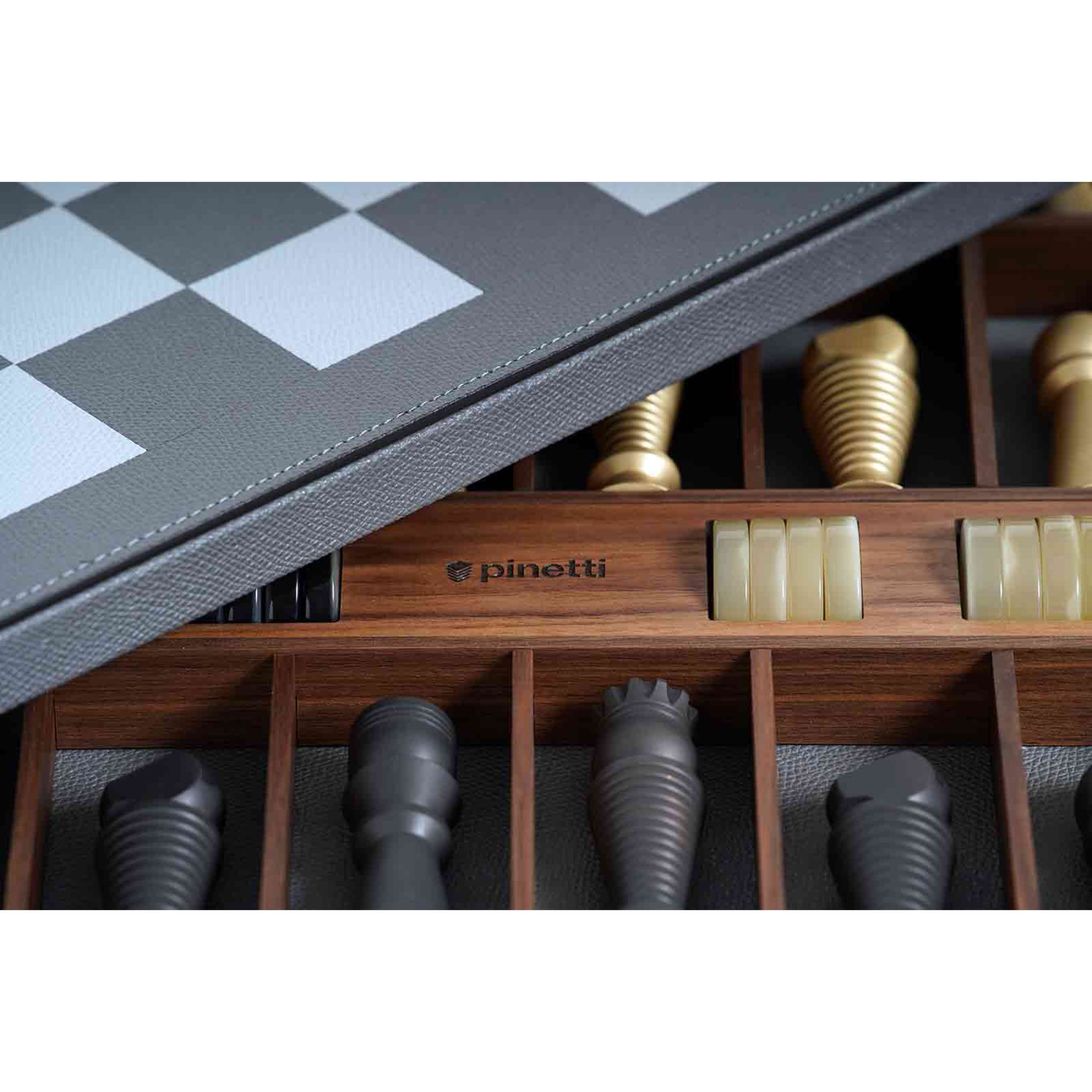 Chess and Checker Set in Italian Leather, Brass and Pearl | Pinetti Collection