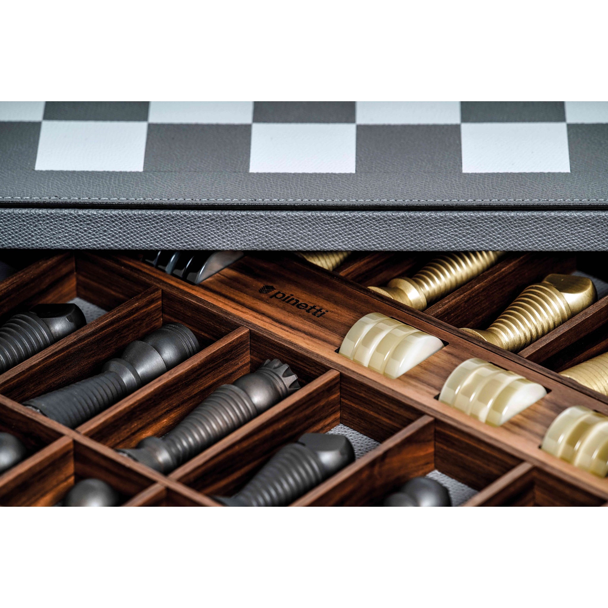Chess and Checker Set in Italian Leather, Brass and Pearl | Pinetti Collection