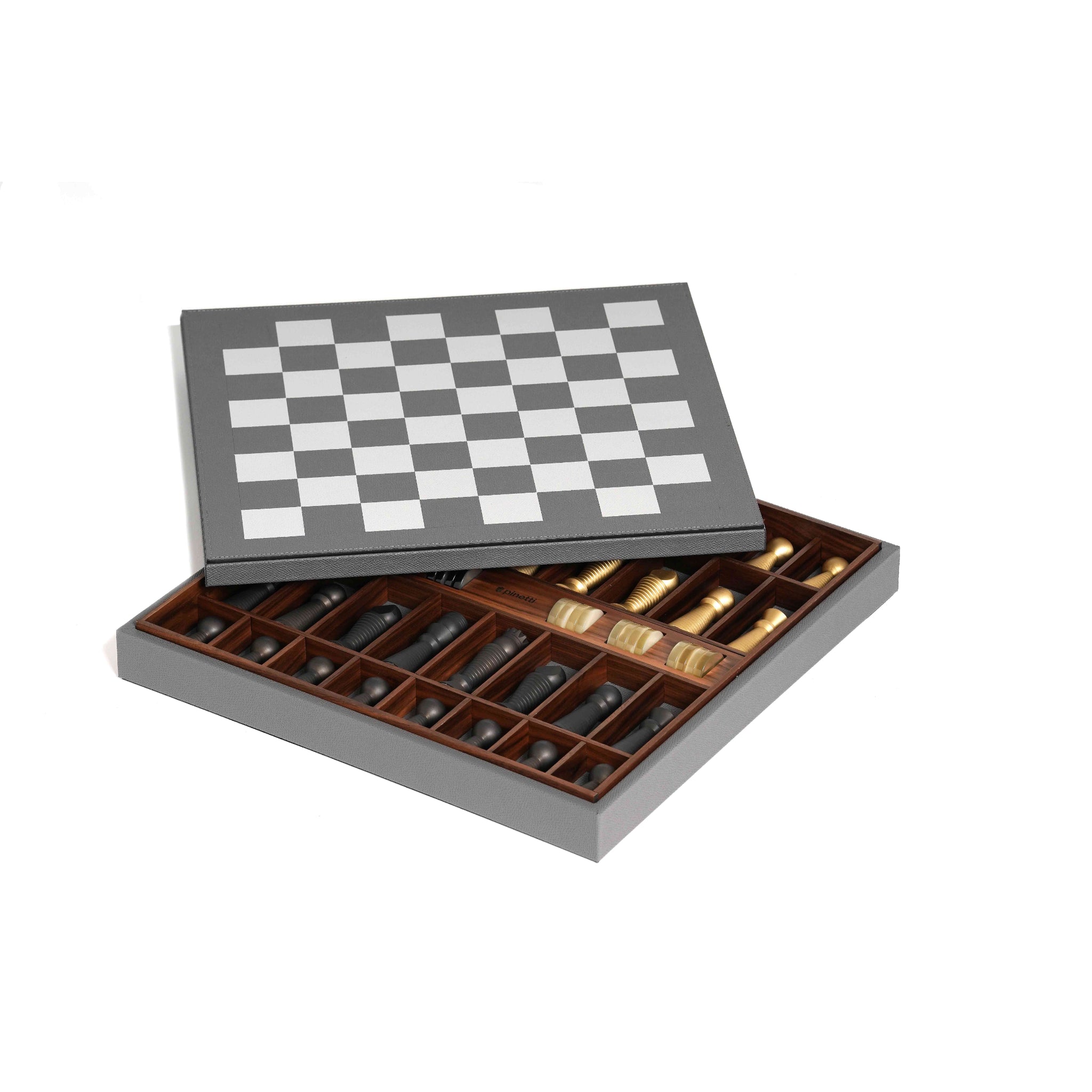 Chess and Checker Set in Italian Leather, Brass and Pearl | Pinetti Collection