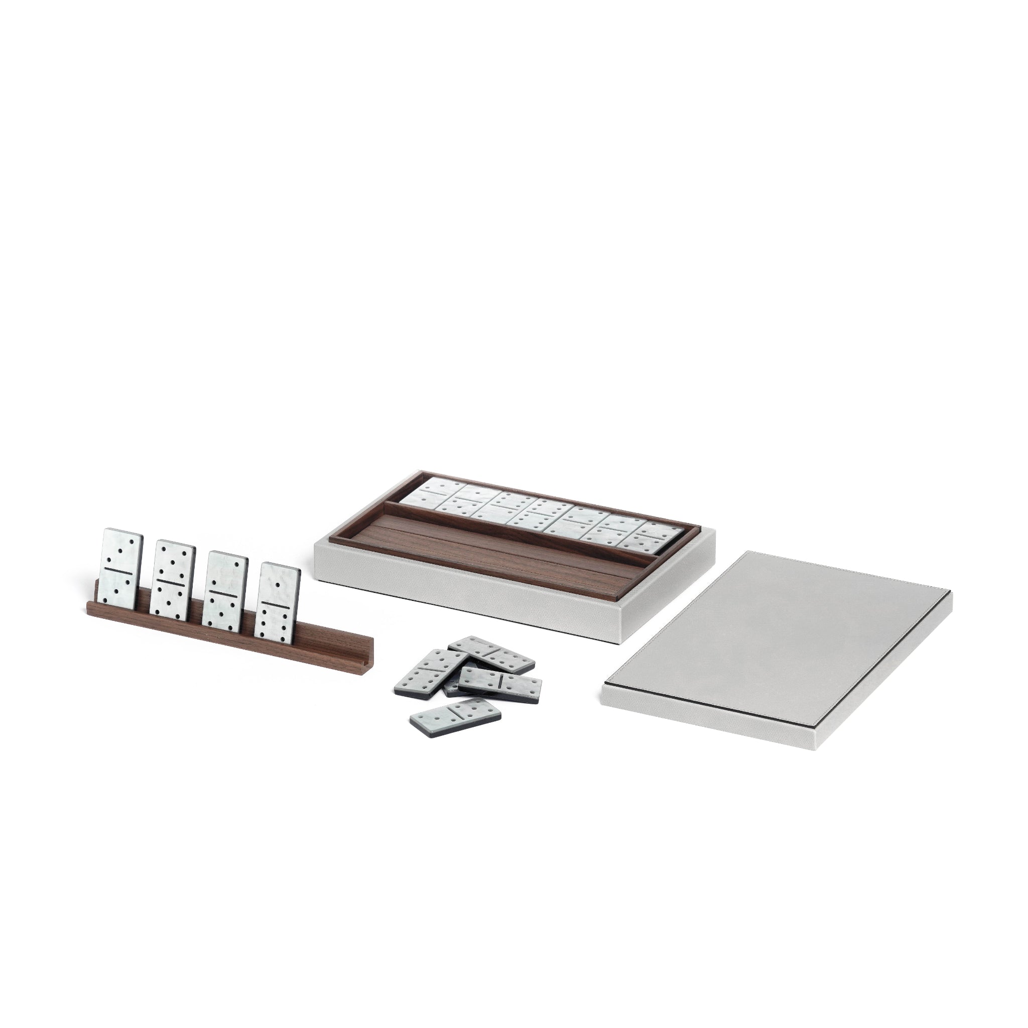 Dominoes Set in Italian Leather, Walnut Wood & Pearl | Pinetti Collection