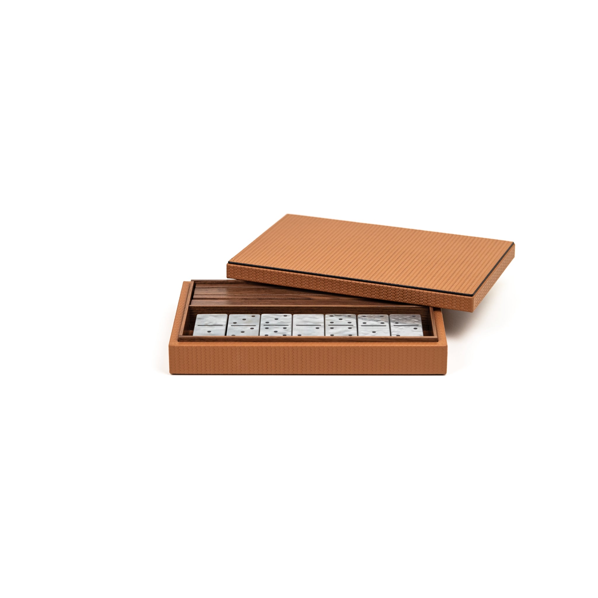 Dominoes Set in Italian Leather, Walnut Wood & Pearl | Pinetti Collection