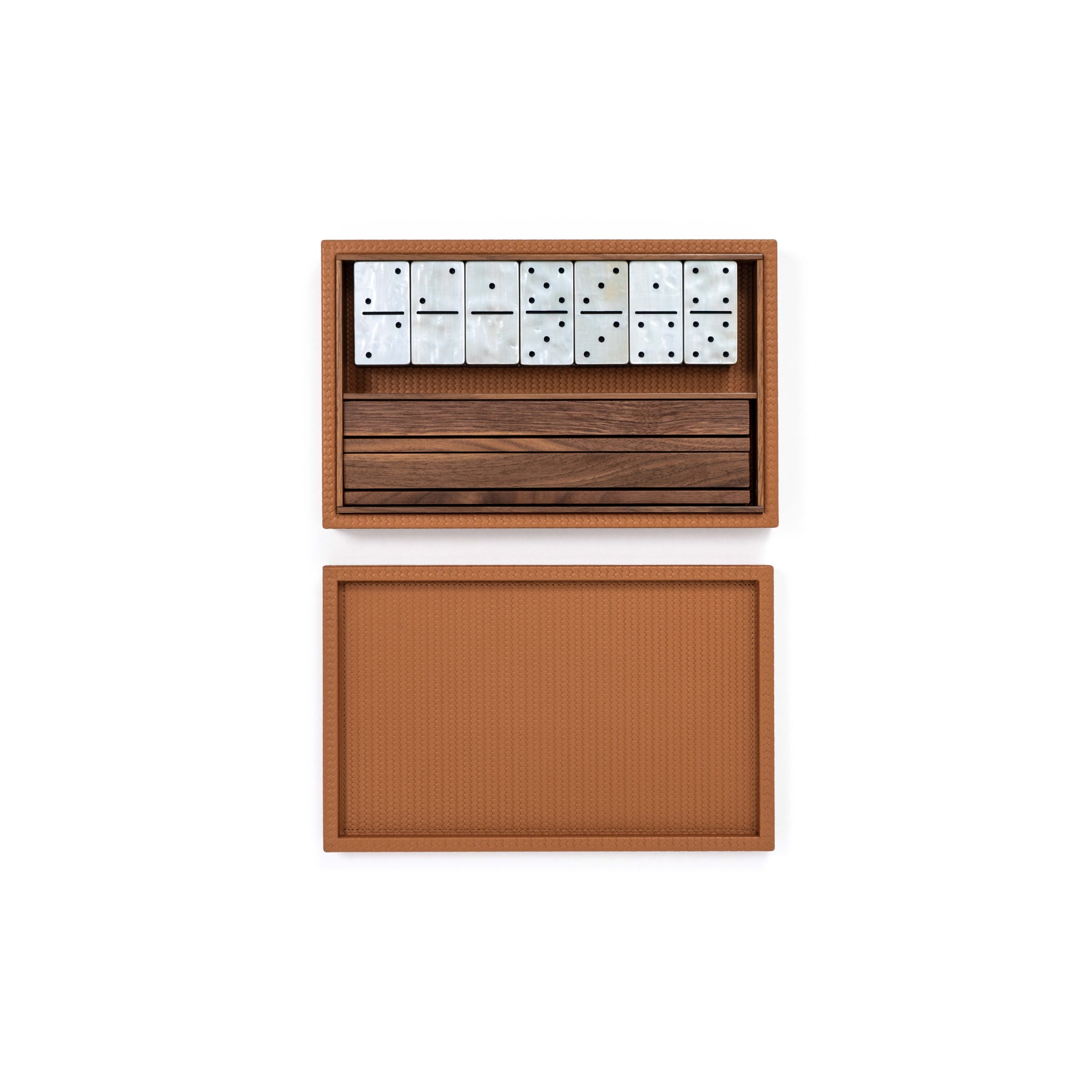 Dominoes Set in Italian Leather, Walnut Wood & Pearl | Pinetti Collection