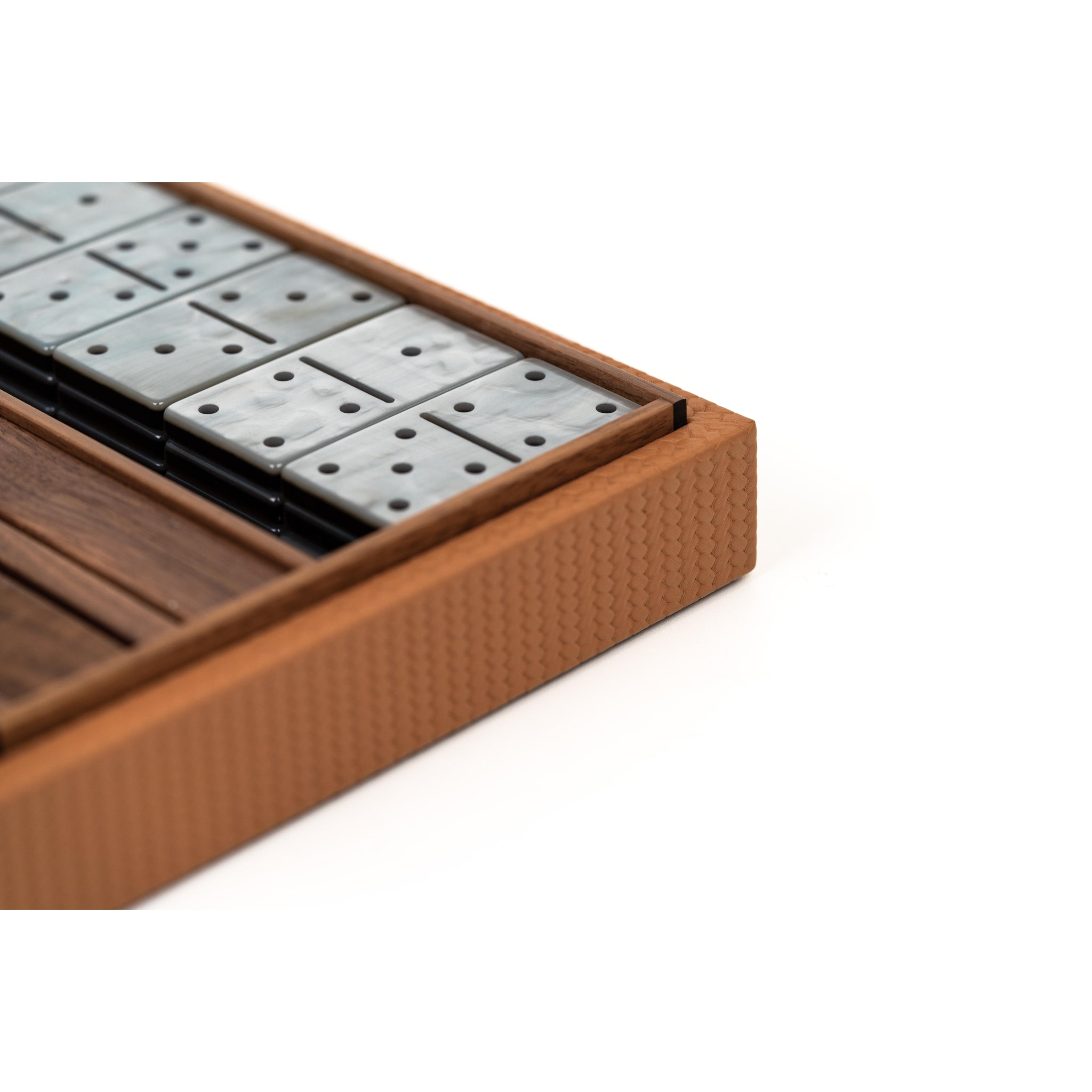 Dominoes Set in Italian Leather, Walnut Wood & Pearl | Pinetti Collection