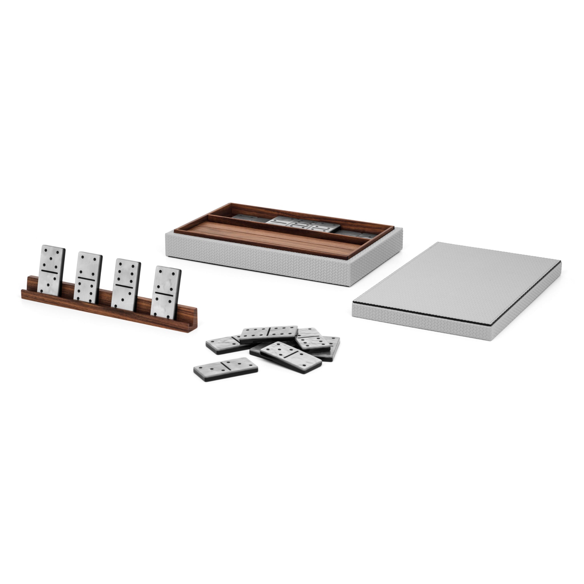 Dominoes Set in Italian Leather, Walnut Wood & Pearl | Pinetti Collection