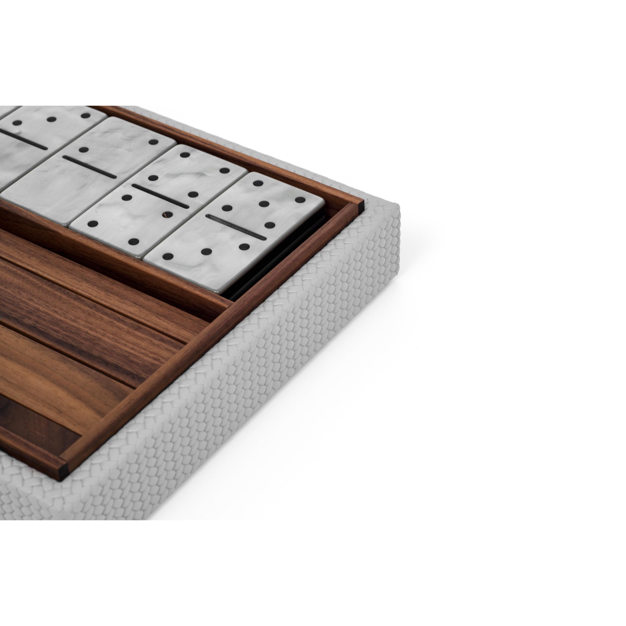 Dominoes Set in Italian Leather, Walnut Wood & Pearl | Pinetti Collection