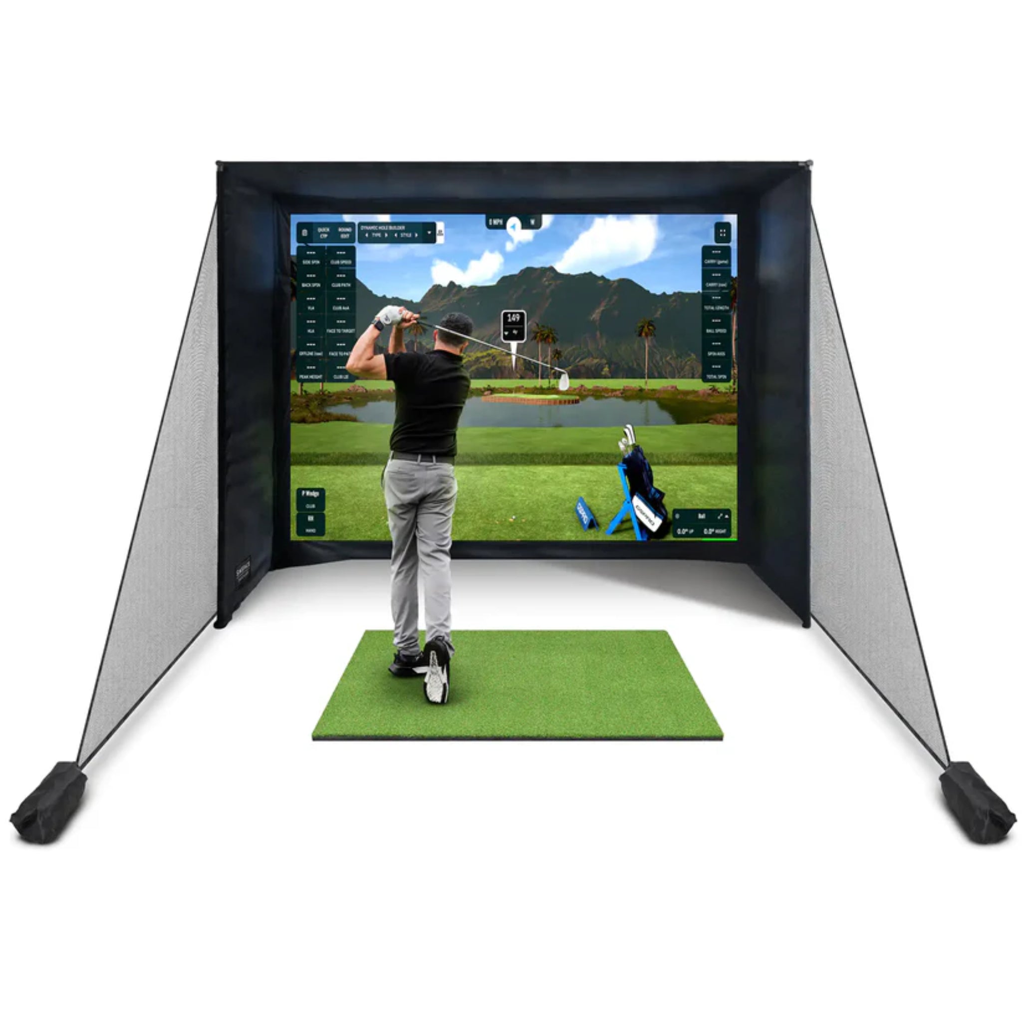 SimSpace SLIM golf enclosure with premium impact screen, side netting, and indoor golf simulator setup