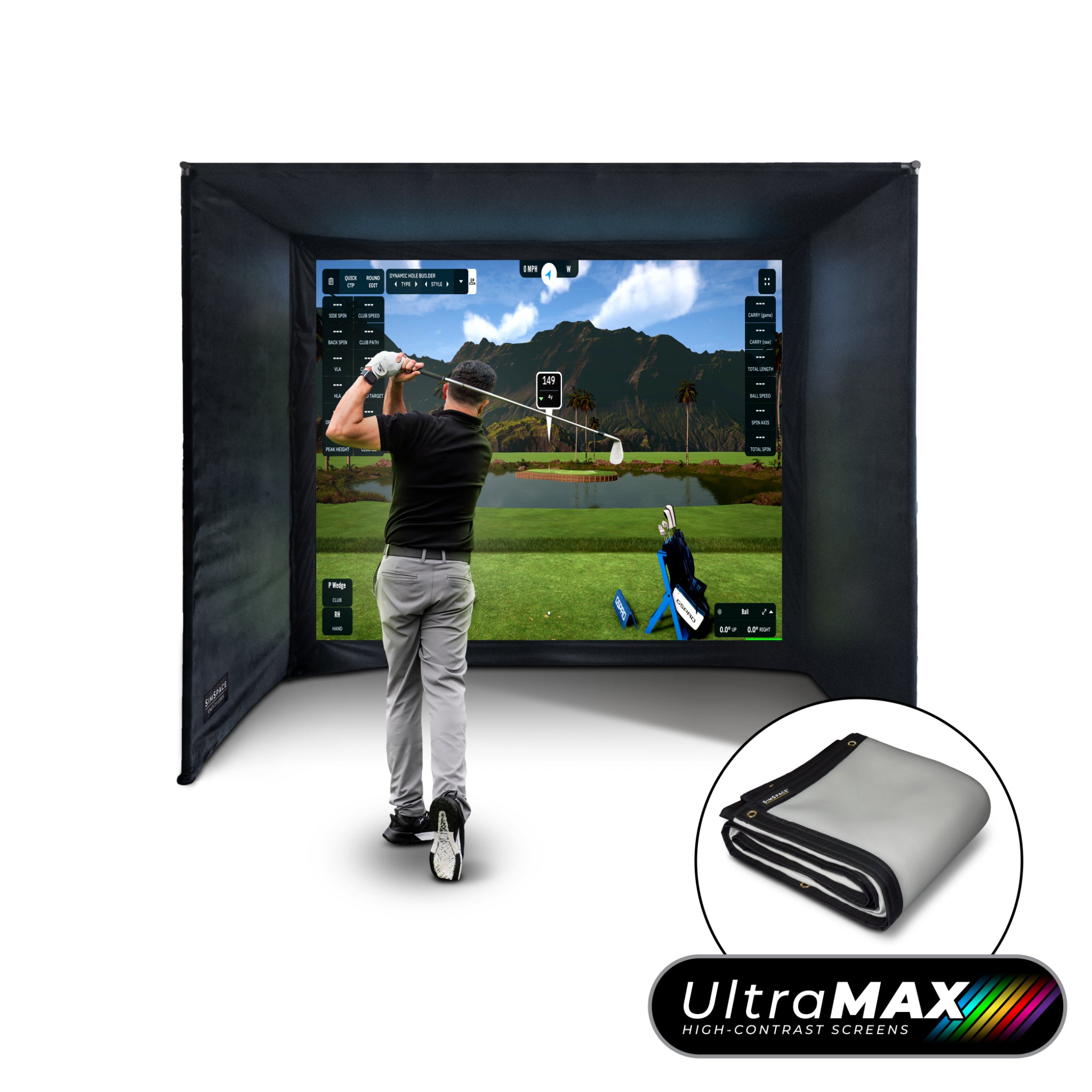 SimSpace UltraMAX golf simulator enclosure with grey projection screen, SIM 2 size for home golf simulator installation
