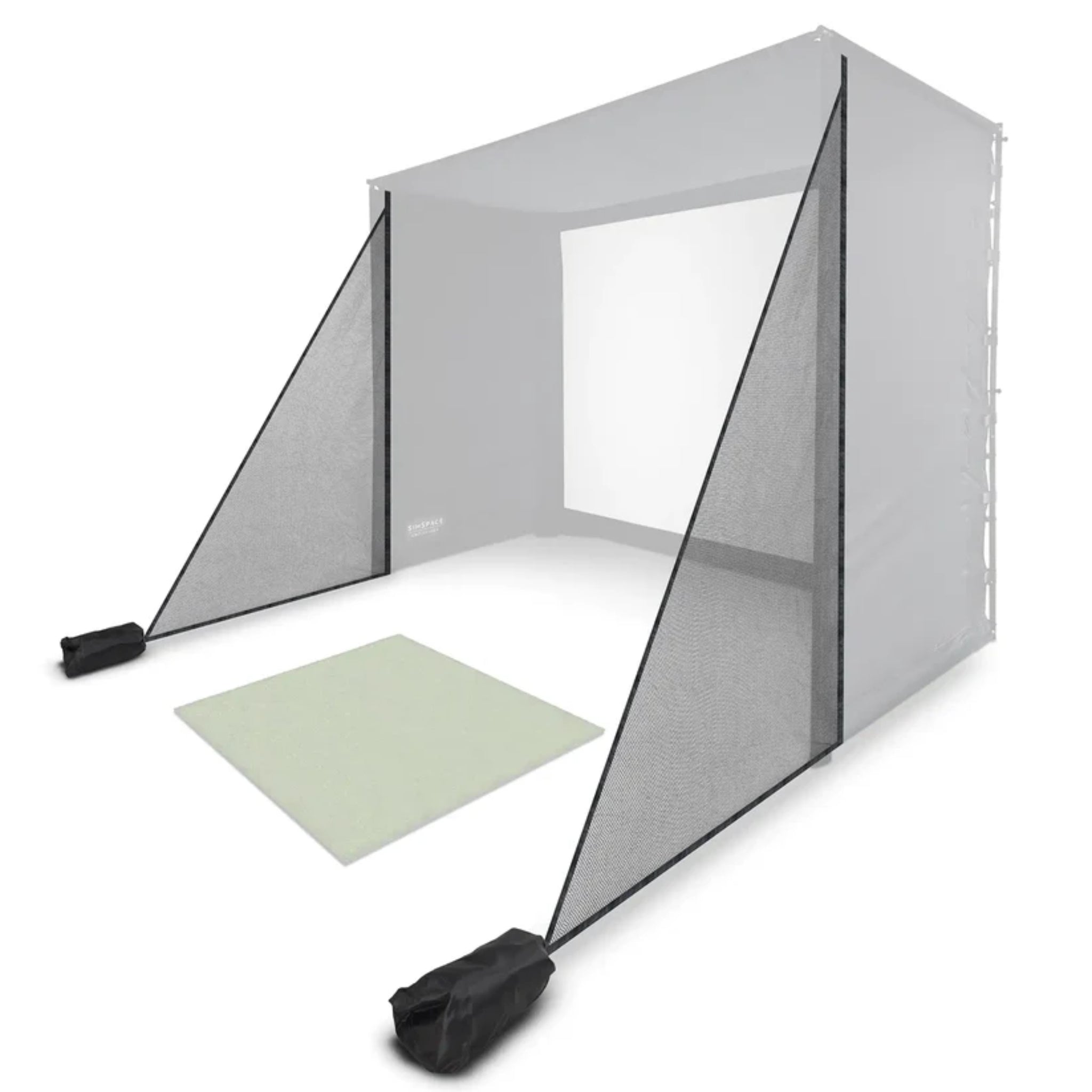 SimSpace side netting attached to golf simulator enclosure for added mishit protection during indoor golf practice