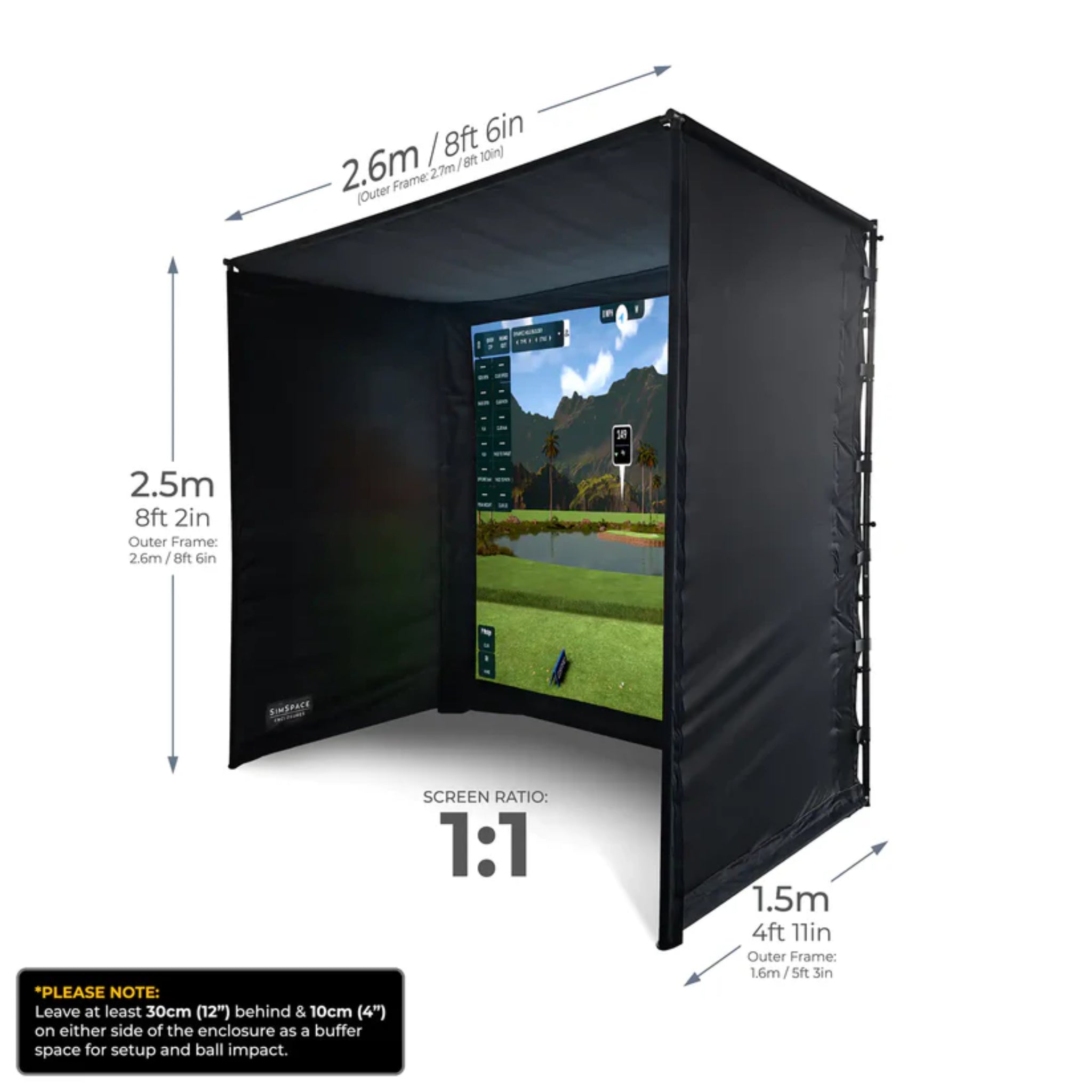 SimSpace Elite golf enclosure SIM 1 dimensions showing enclosure size and 1:1 screen ratio