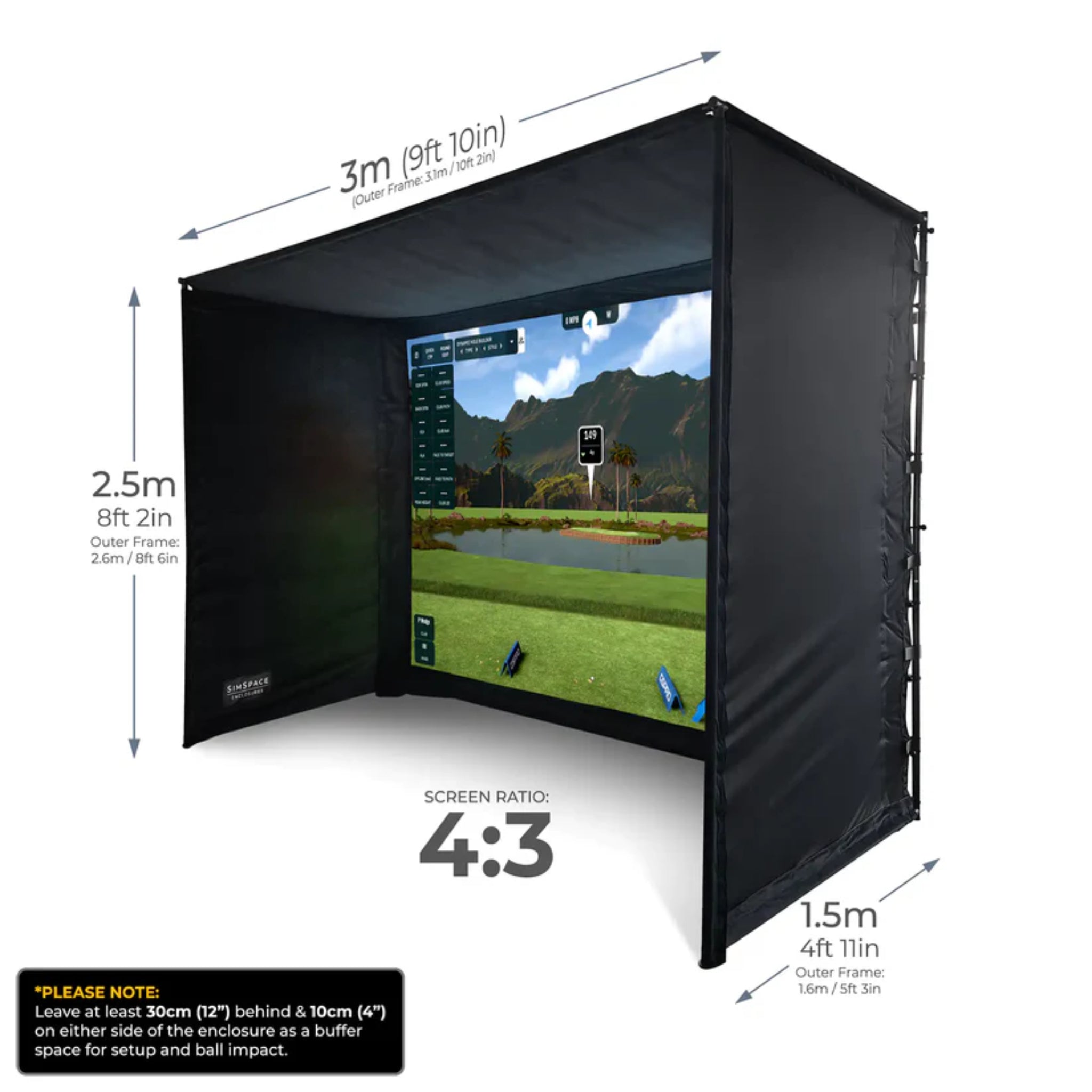 SimSpace Elite golf enclosure SIM 2 dimensions with 4:3 impact screen measurements for golf simulator rooms