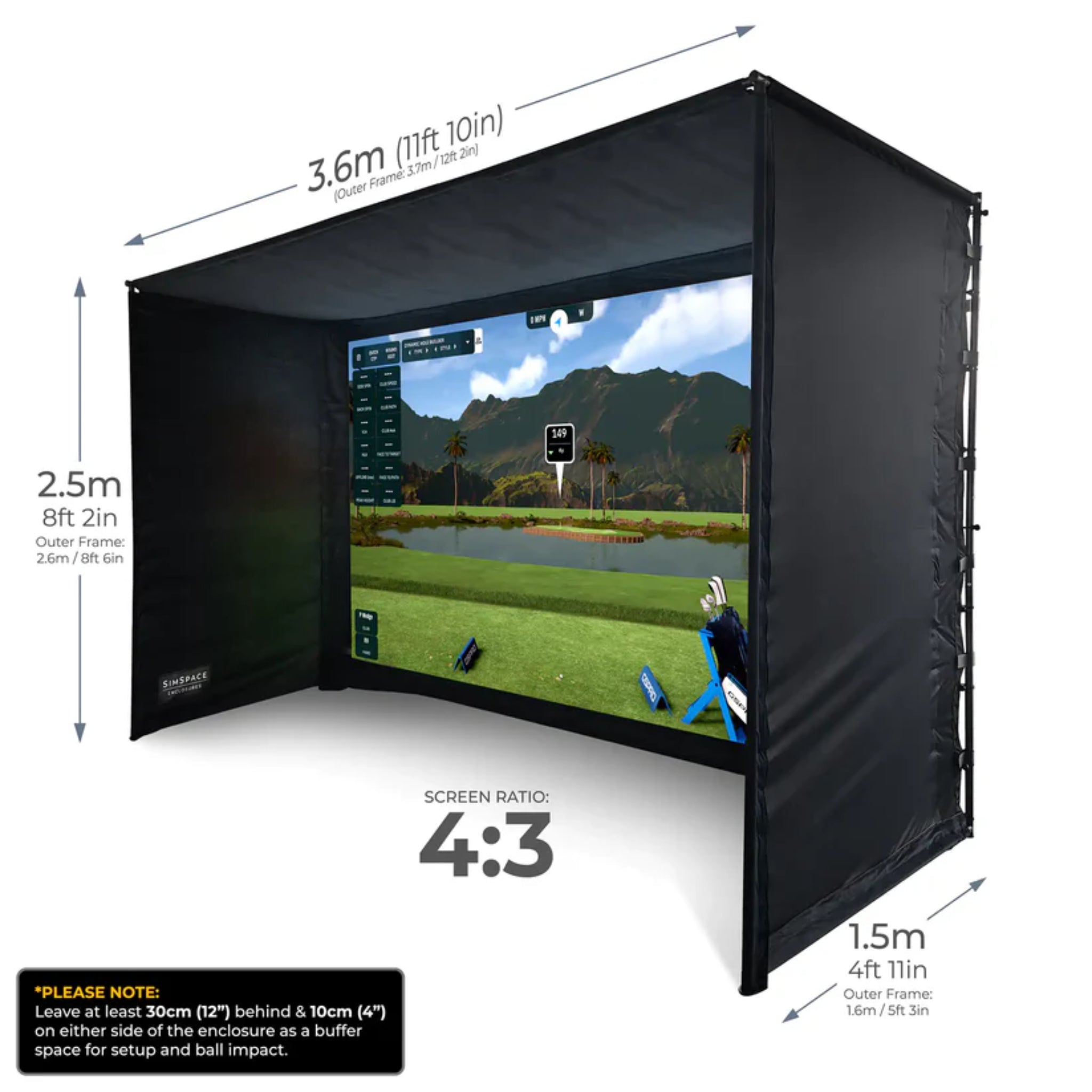 SimSpace Elite golf enclosure SIM 3 dimensions and 4:3 projector screen layout for indoor golf simulators
