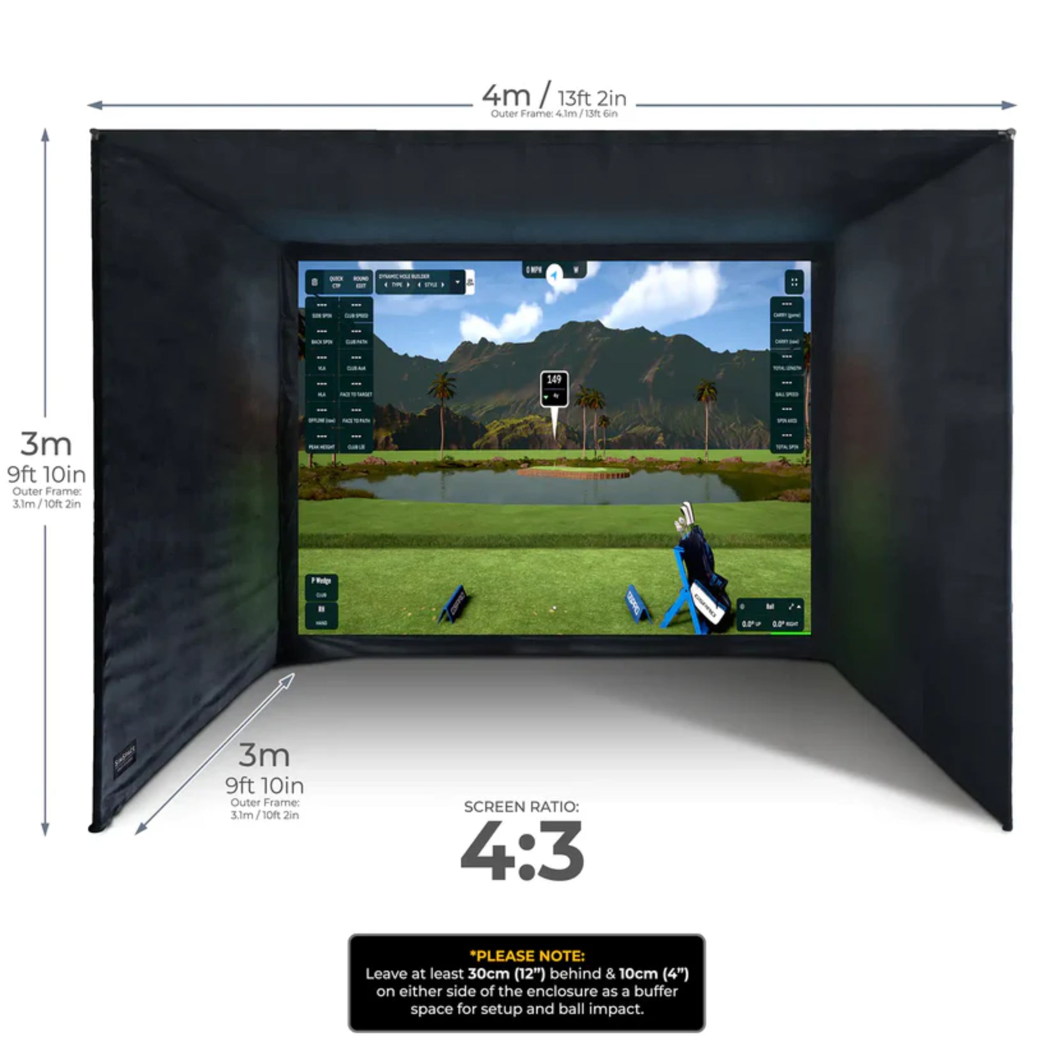 SimSpace Elite golf enclosure SIM 6 dimensions with large 4:3 golf simulator impact screen