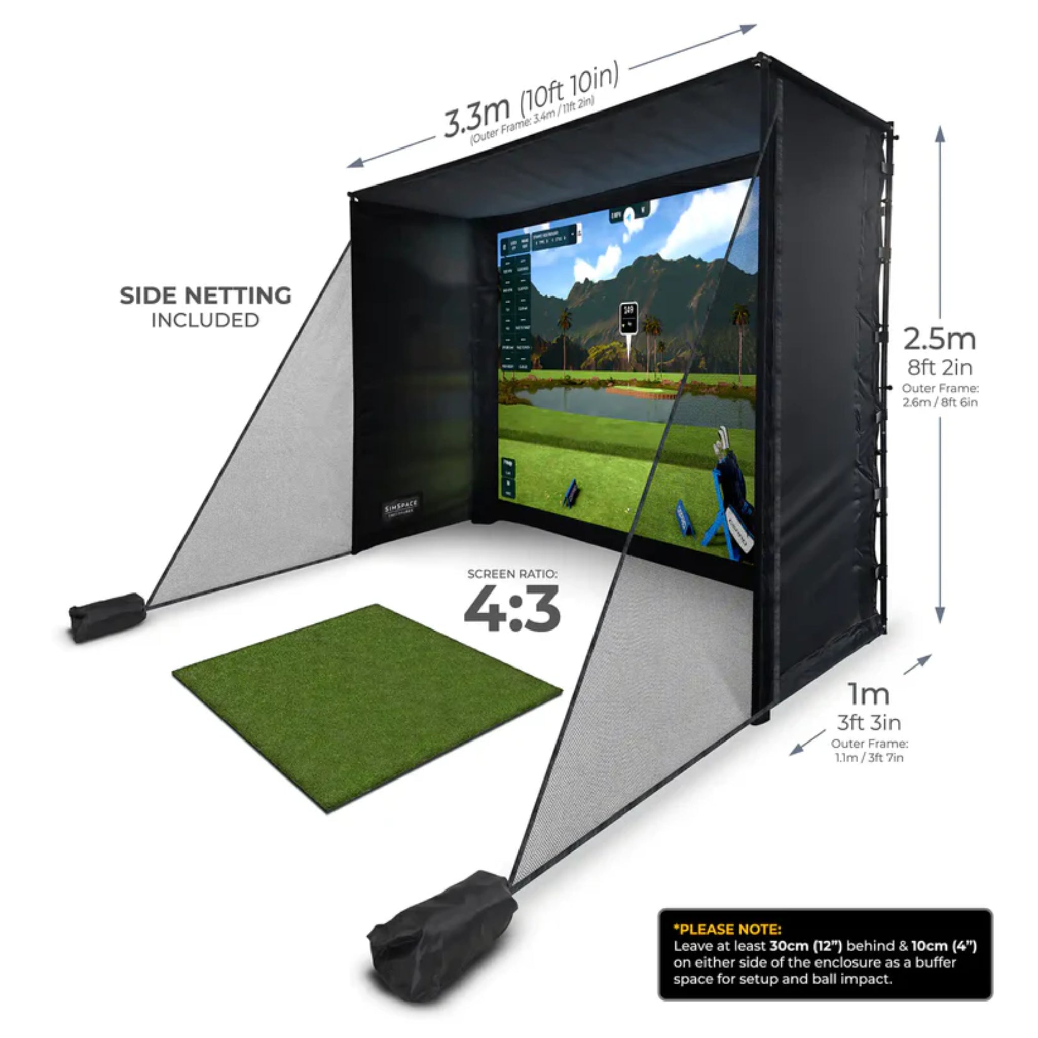 SimSpace SLIM golf enclosure dimensions showing 10'10" width, 8'6" height, 3'7" depth, and 4:3 screen ratio