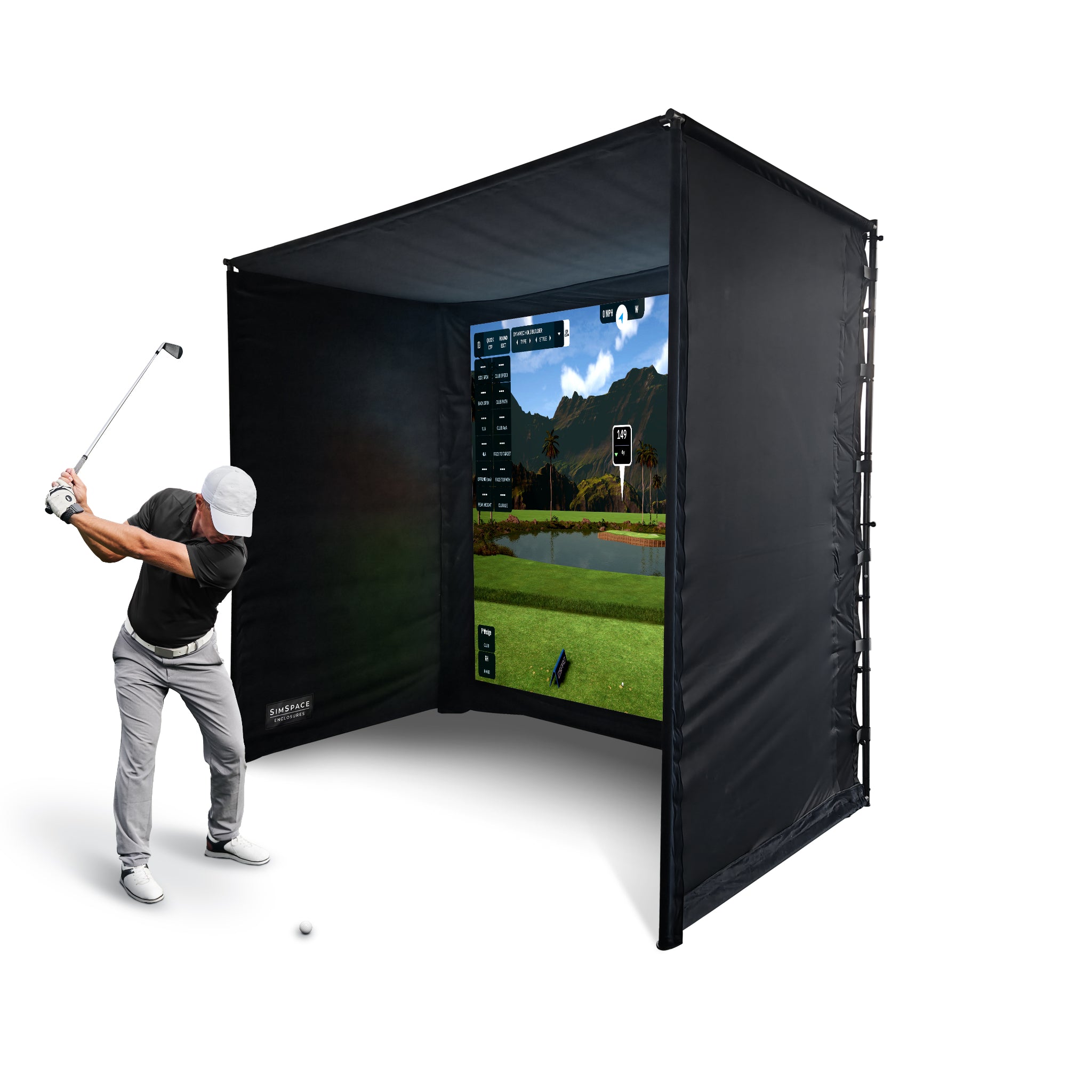 SimSpace UltraMAX SIM 1 golf simulator enclosure dimensions with angled perspective and high-contrast grey impact screen