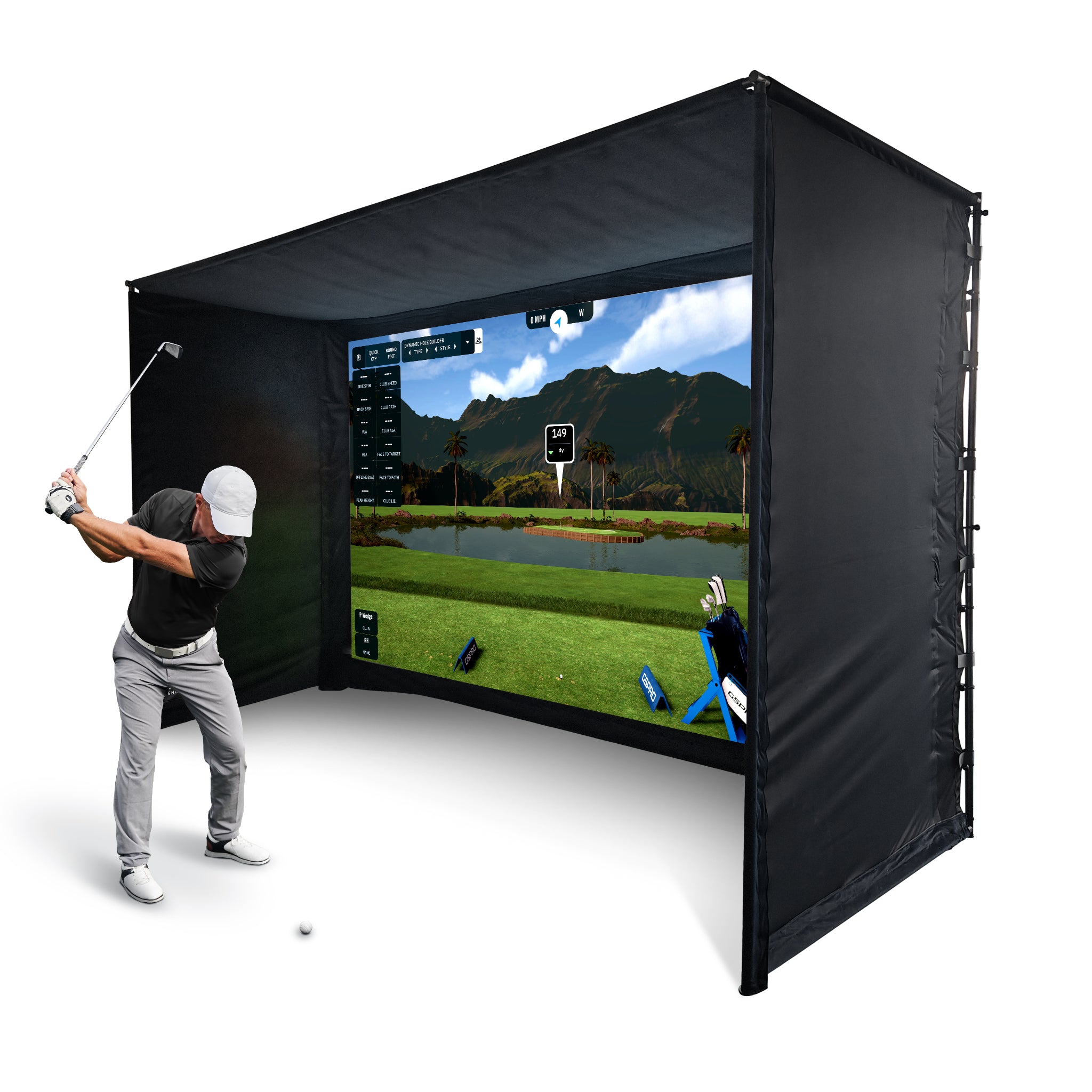 SimSpace UltraMAX SIM 3 enclosure size guide with angled view and grey impact projection screen