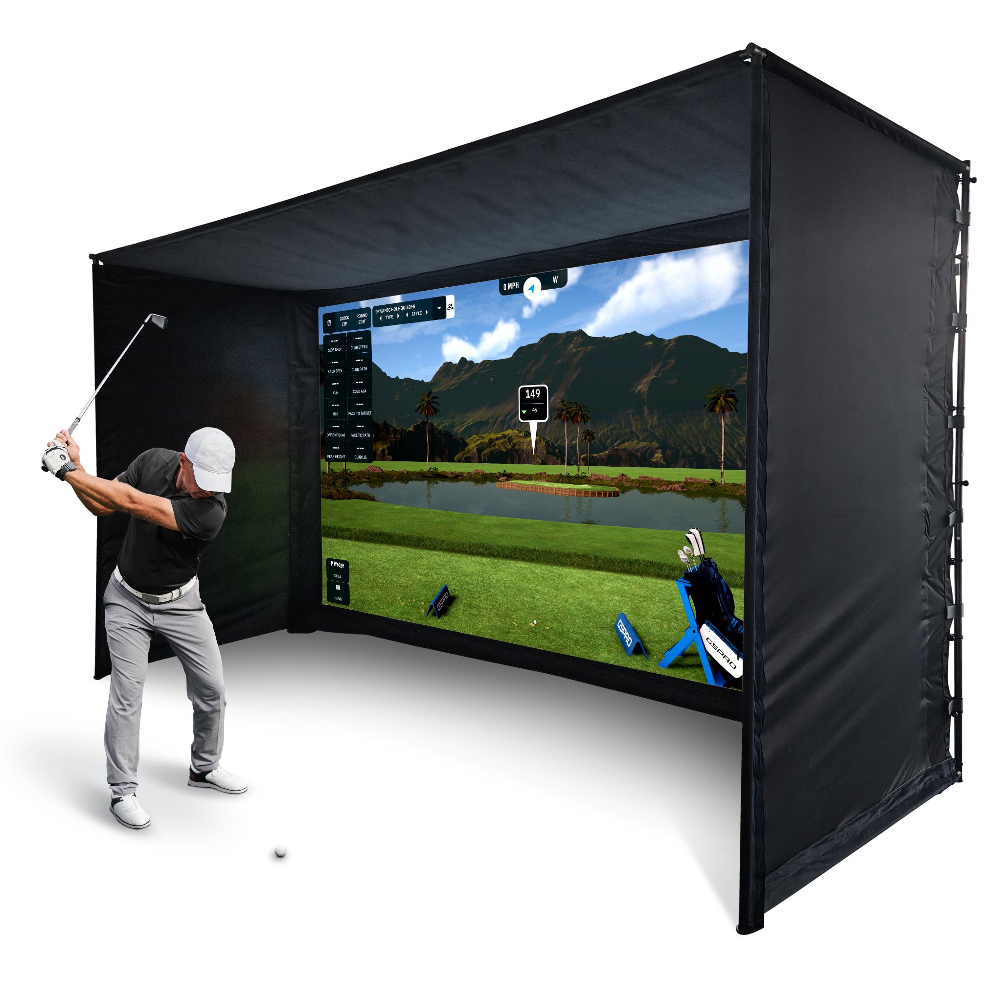 SimSpace UltraMAX SIM 4 golf simulator enclosure dimensional drawing with premium grey impact screen