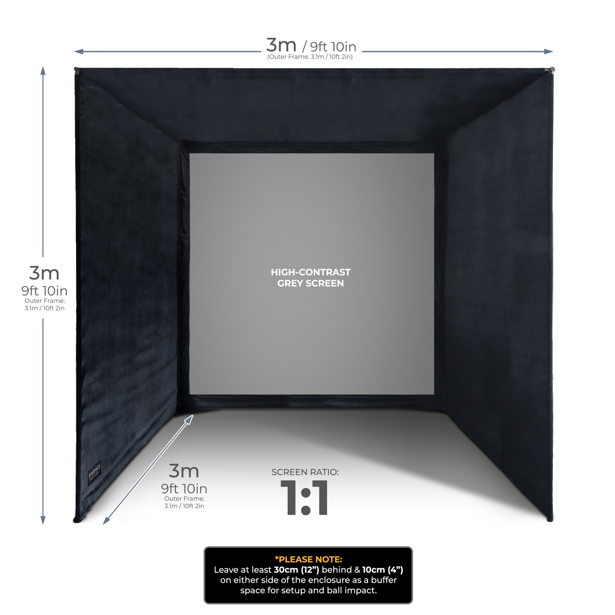 SimSpace UltraMAX SIM 5 cube golf simulator enclosure dimensions with 1:1 impact screen layout
