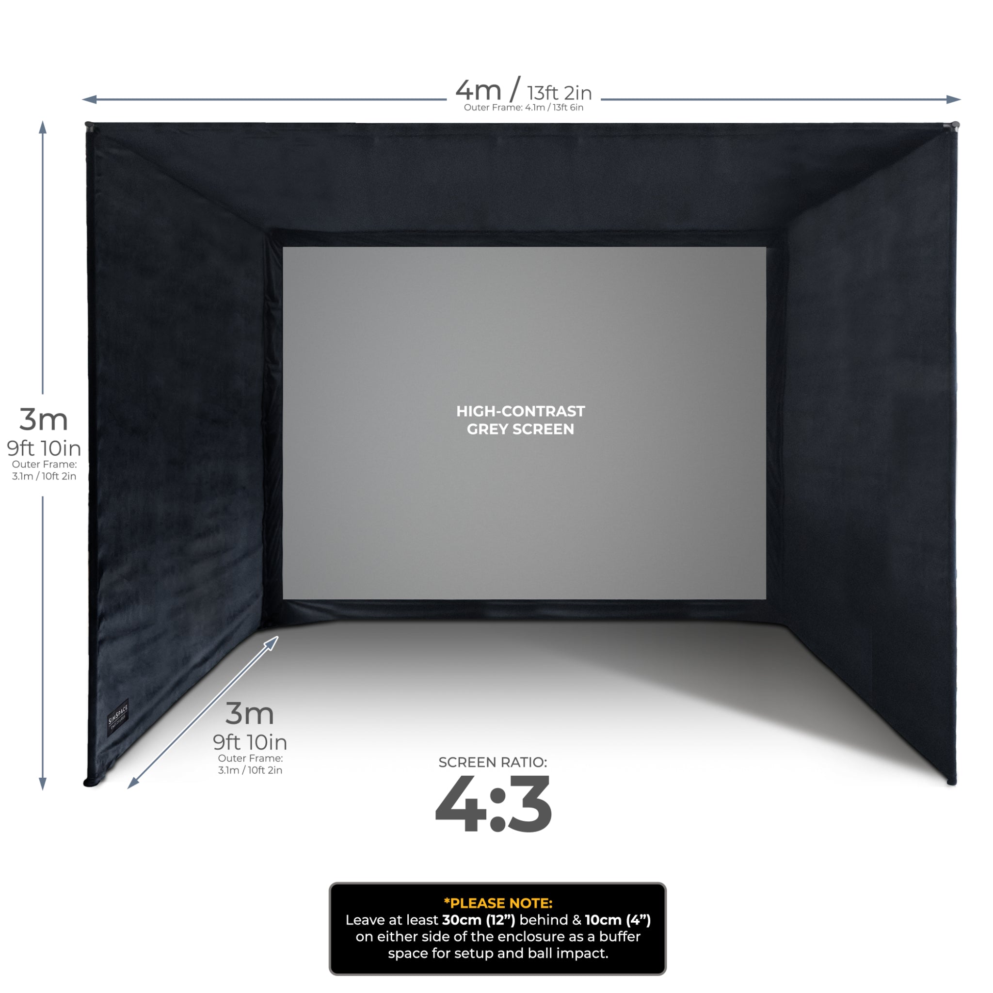 SimSpace UltraMAX SIM 6 golf simulator enclosure dimensions with 4:3 grey projection screen specifications