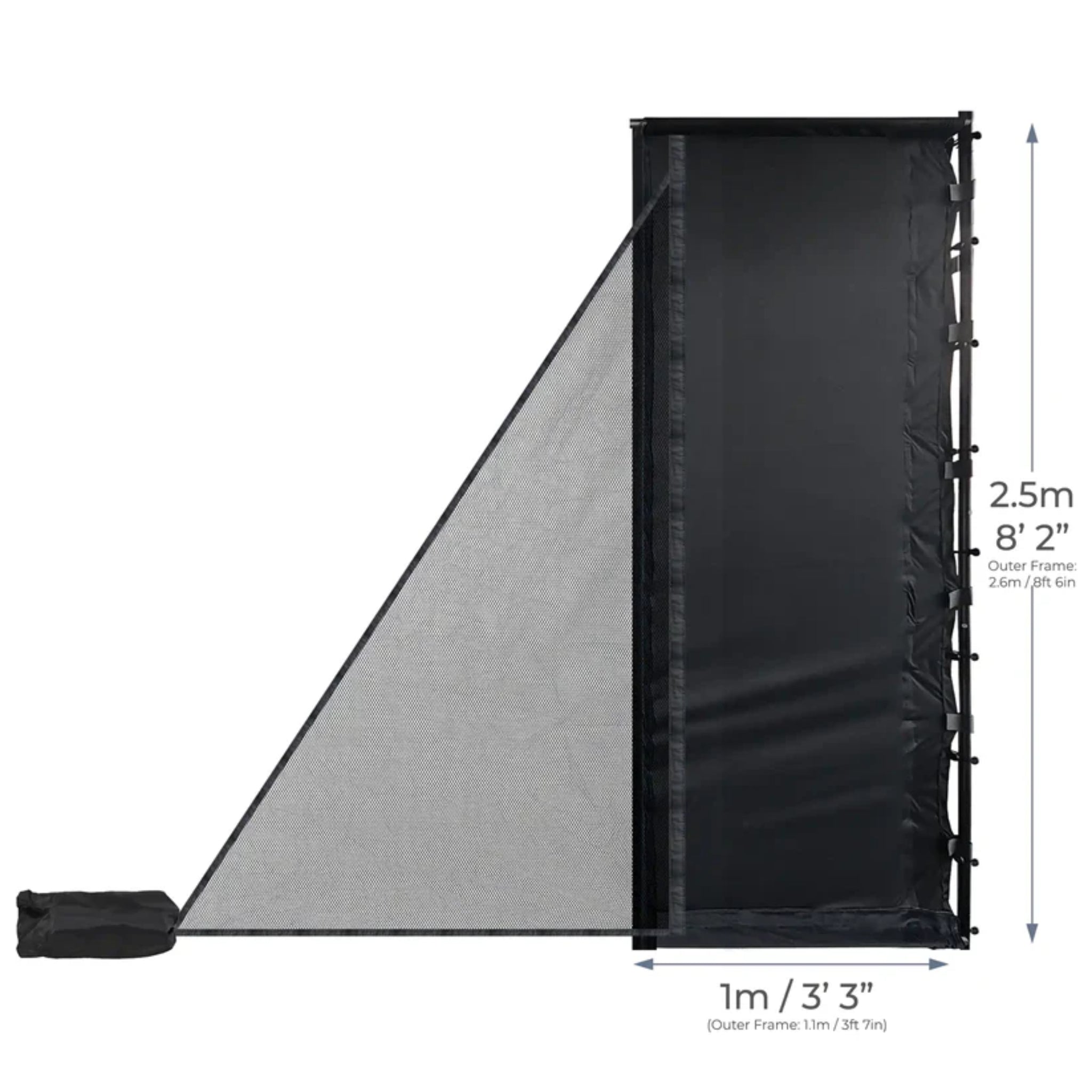 Side profile of SimSpace SLIM golf simulator enclosure with compact space-saving design
