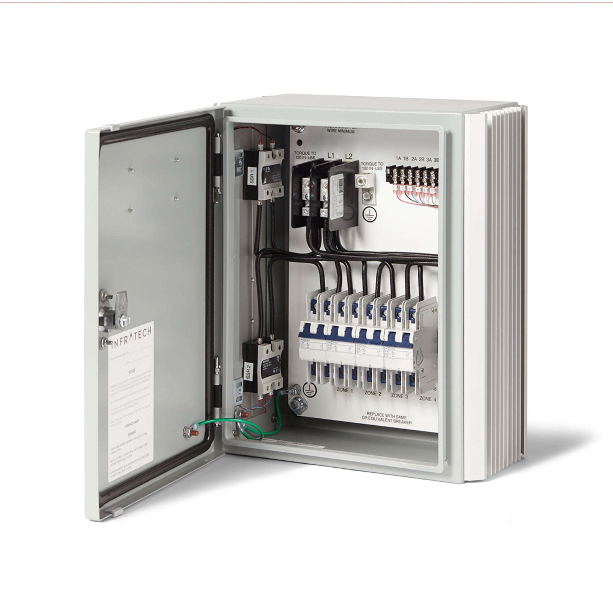 Infratech Solid State Relay Panel with hinged door open showing internal wiring and relays