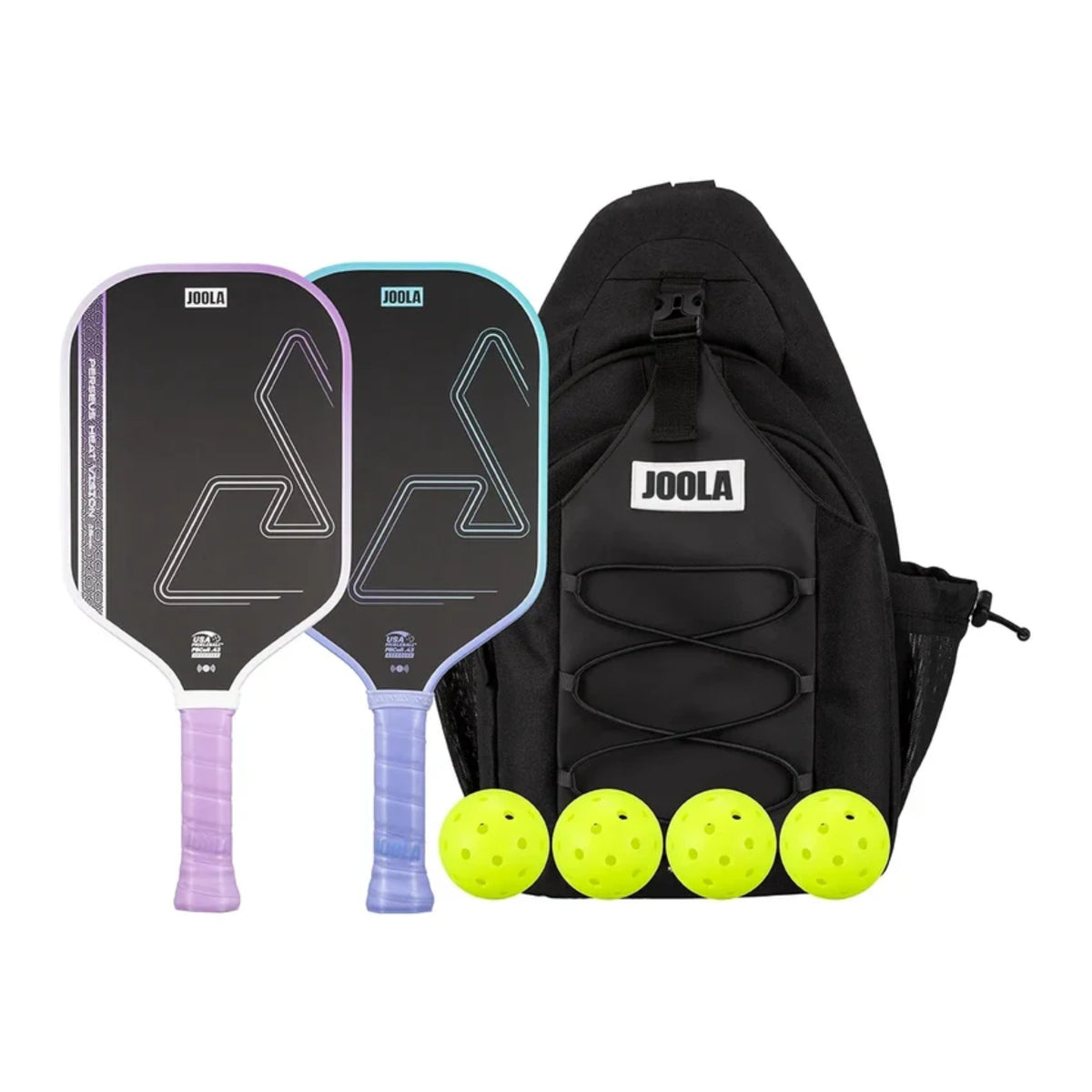 JOOLA Heat Vision pickleball paddle set with blue and purple paddles, four pickleballs, and black sling bag