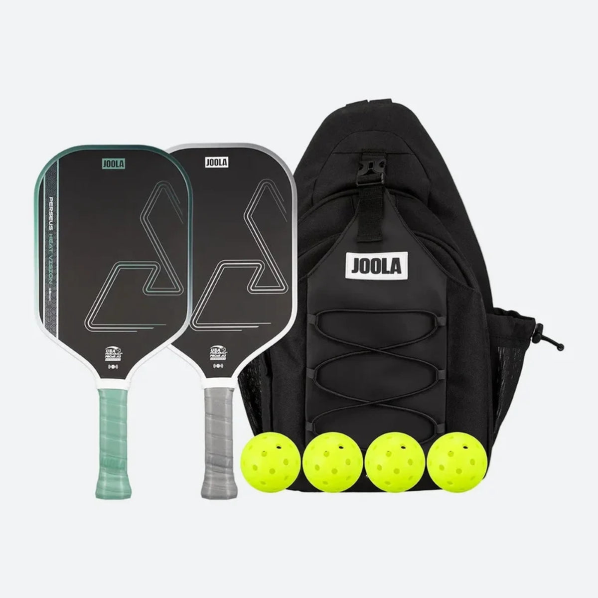 JOOLA Heat Vision pickleball paddle set with green and grey paddles, four pickleballs, and black sling bag