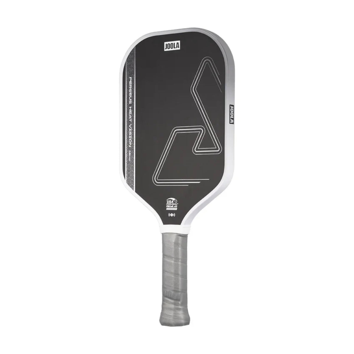 JOOLA Heat Vision pickleball paddle shown at an angle with gray grip and geometric design