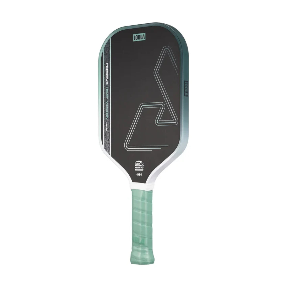 Angled view of JOOLA Heat Vision pickleball paddle with mint green handle and black playing surface