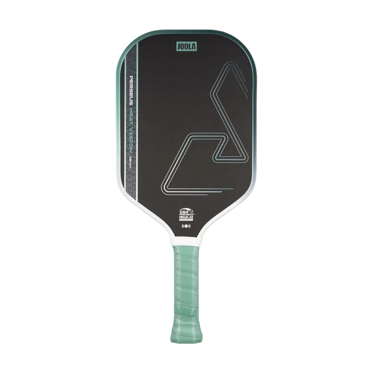 JOOLA Heat Vision 16mm pickleball paddle with mint green grip and geometric paddle face