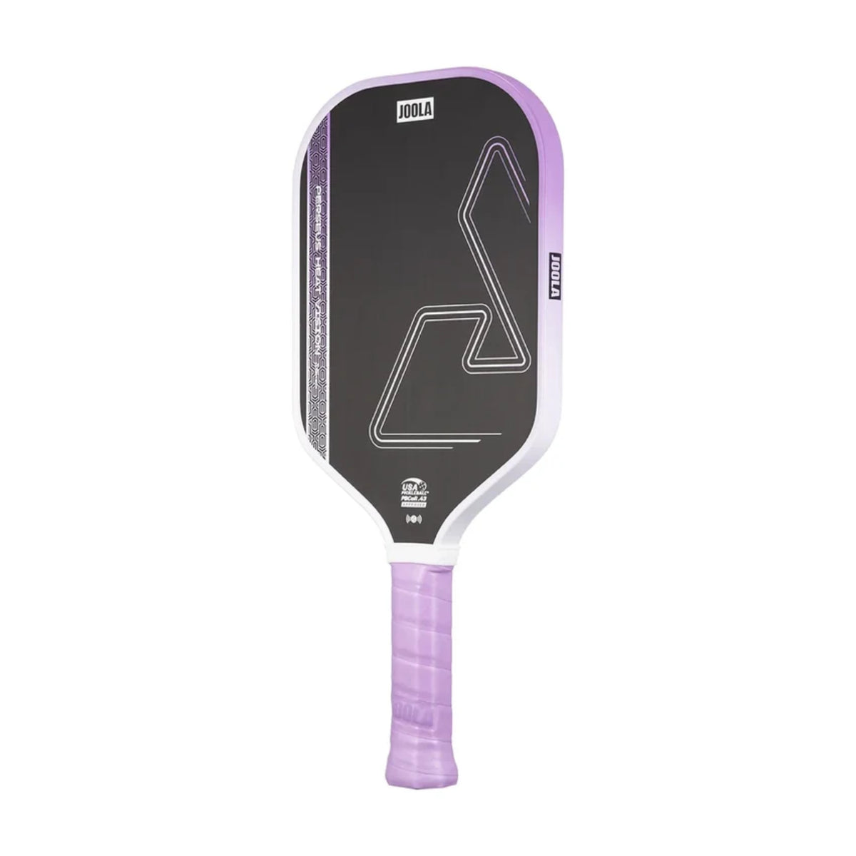 Angled view of JOOLA Heat Vision pickleball paddle with purple grip and black geometric paddle face