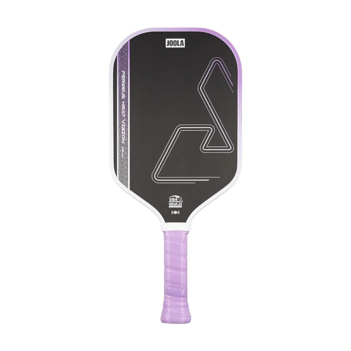 JOOLA Heat Vision pickleball paddle with purple grip and black geometric paddle face