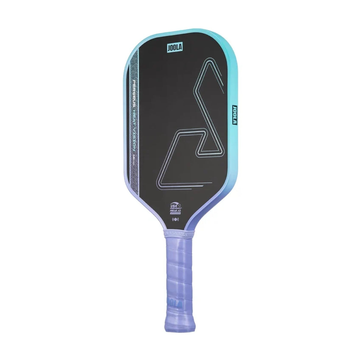 Angled view of JOOLA Heat Vision 16mm paddle with blue grip and black paddle face