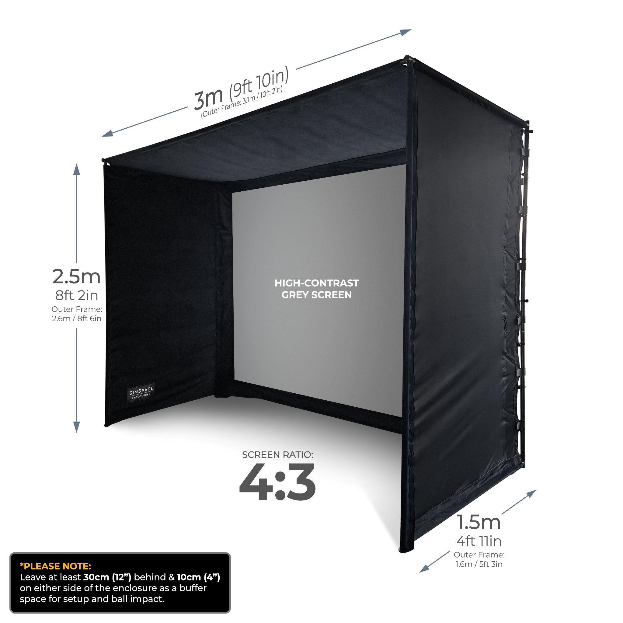 SimSpace UltraMAX SIM 2 golf simulator enclosure dimensions with front view and screen measurements