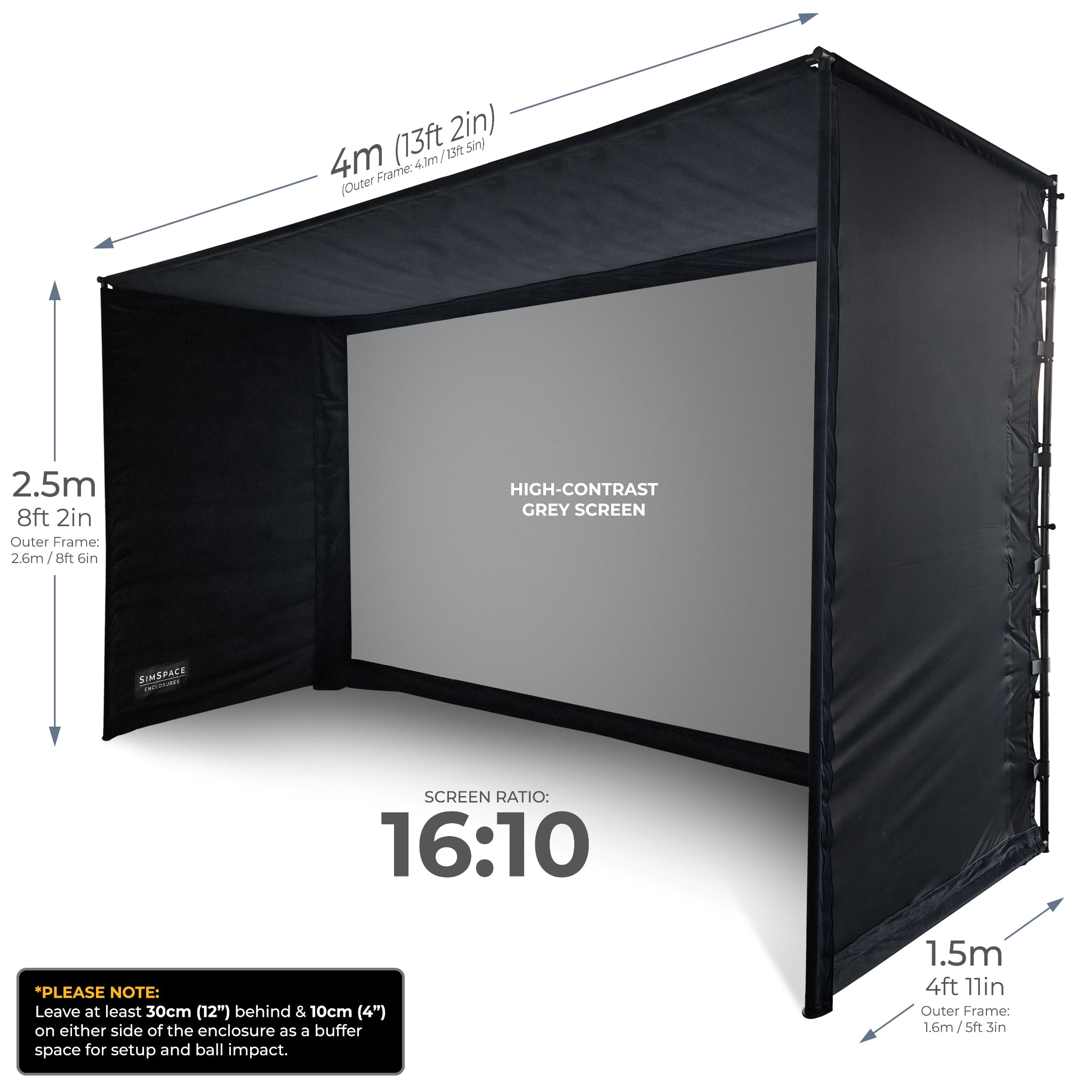 SimSpace UltraMAX SIM 4 golf simulator enclosure dimensional drawing with premium grey impact screen