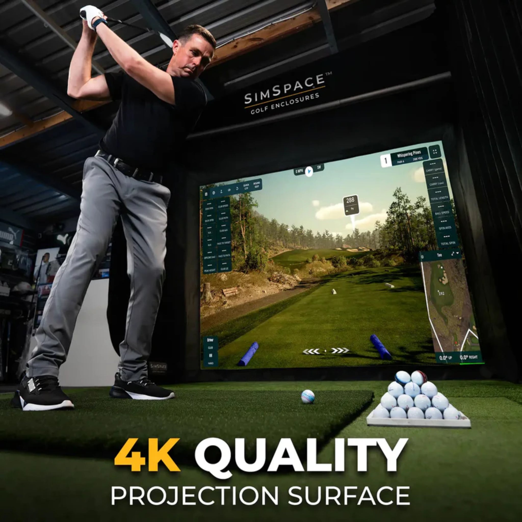 SimSpace golf simulator enclosure featuring premium 4K projector-compatible impact screen