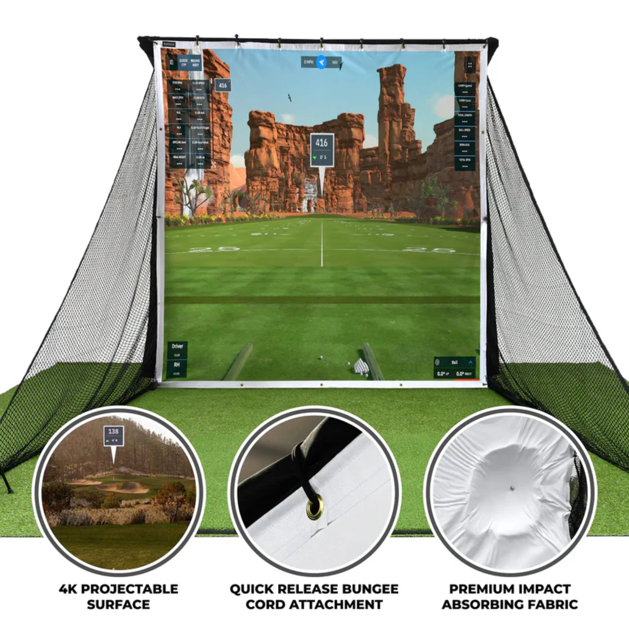 SimSpace golf simulator impact screen featuring 4K projection surface, quick-release bungees, and impact-absorbing fabric