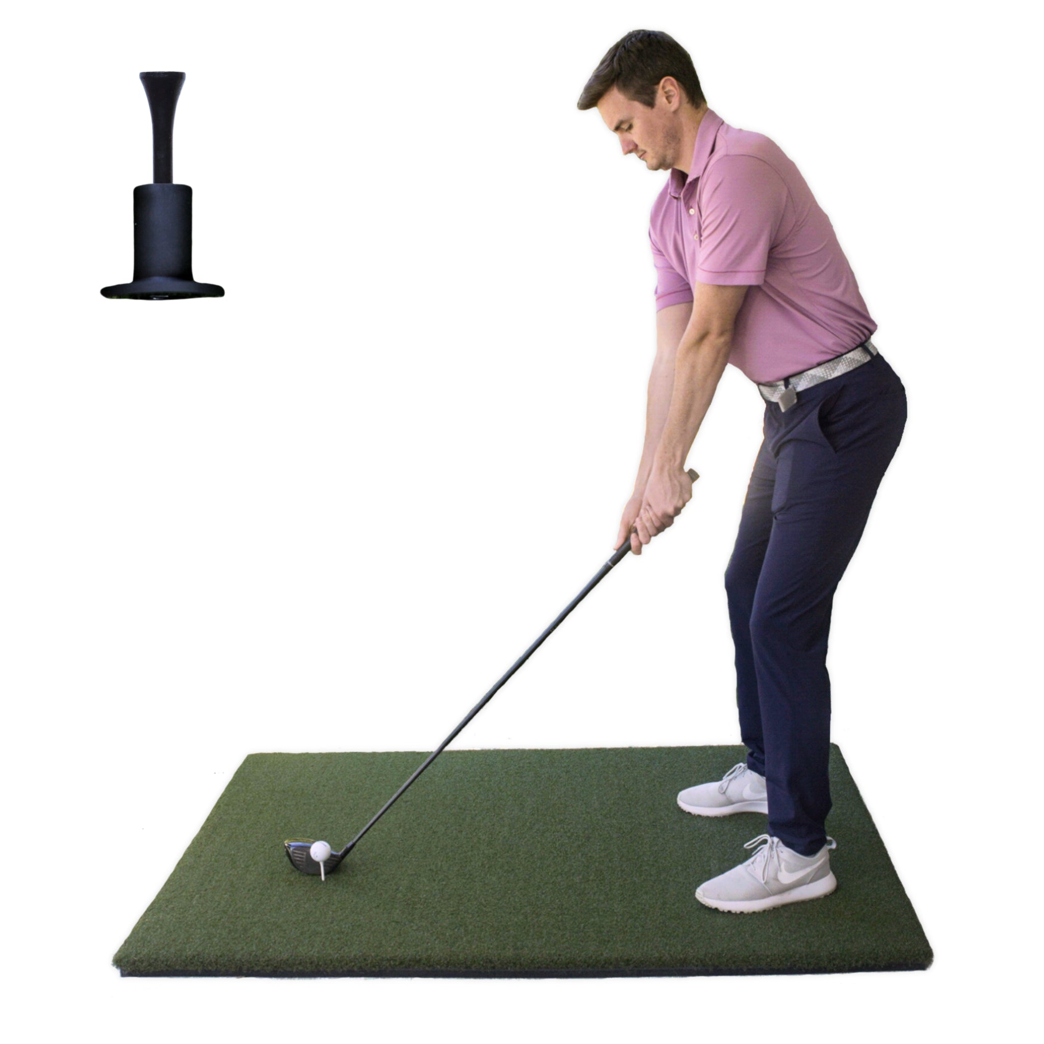 Golfer practicing driver shots on Country Club Elite home golf hitting mat
