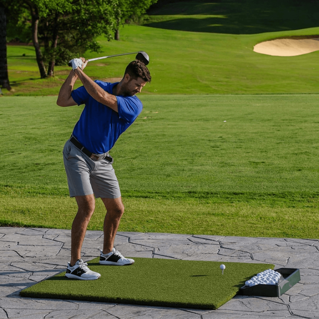 A golfer practicing his driving swing at the driving range on a 5x5 Country Club Elite Golf Hitting Mat by Real Feel Golf Mats, featuring a real wood tee and ball tray.