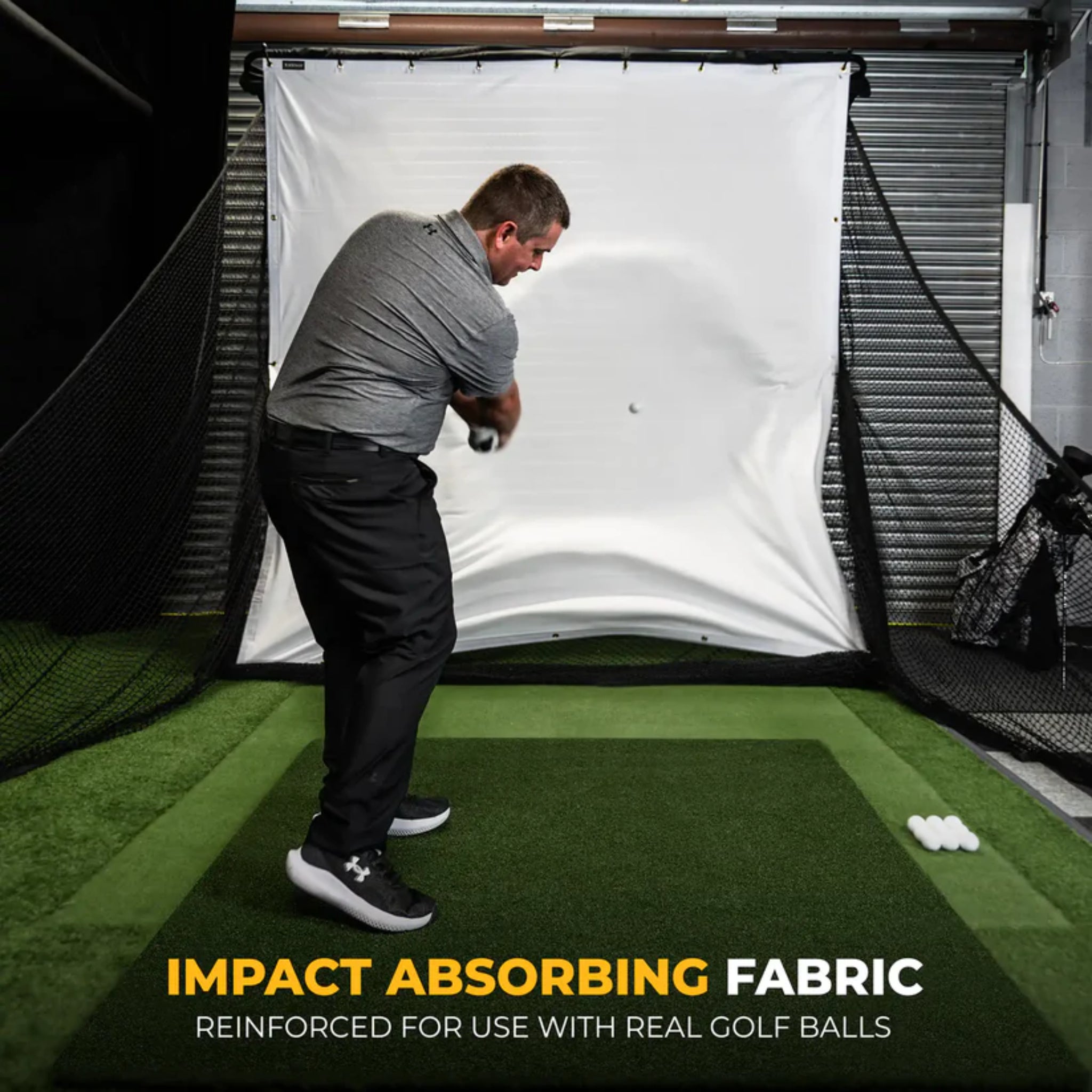 Reinforced impact-absorbing golf simulator screen designed for repeated golf ball impact