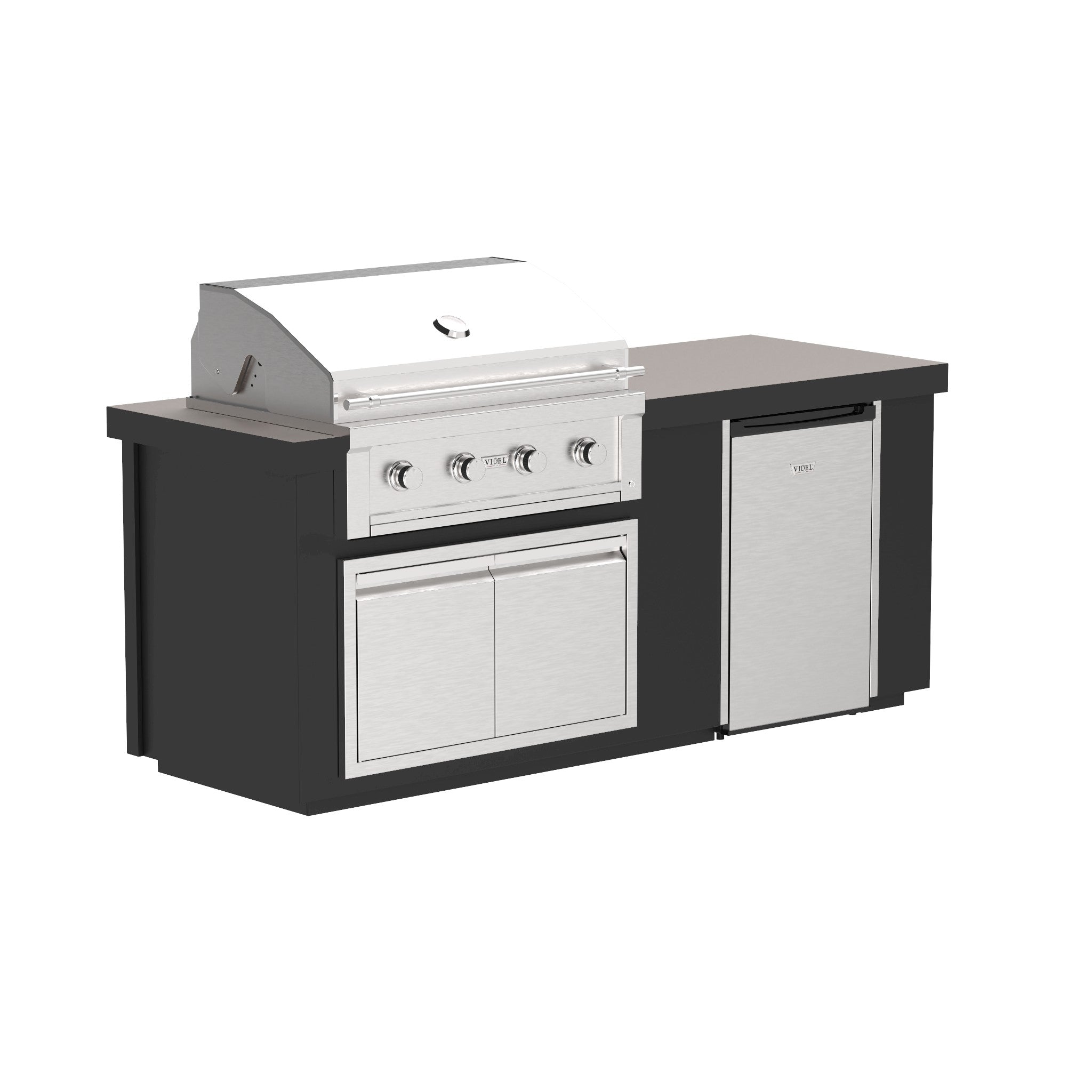 Premium outdoor kitchen island with grill, double doors, and refrigerator for backyard entertaining