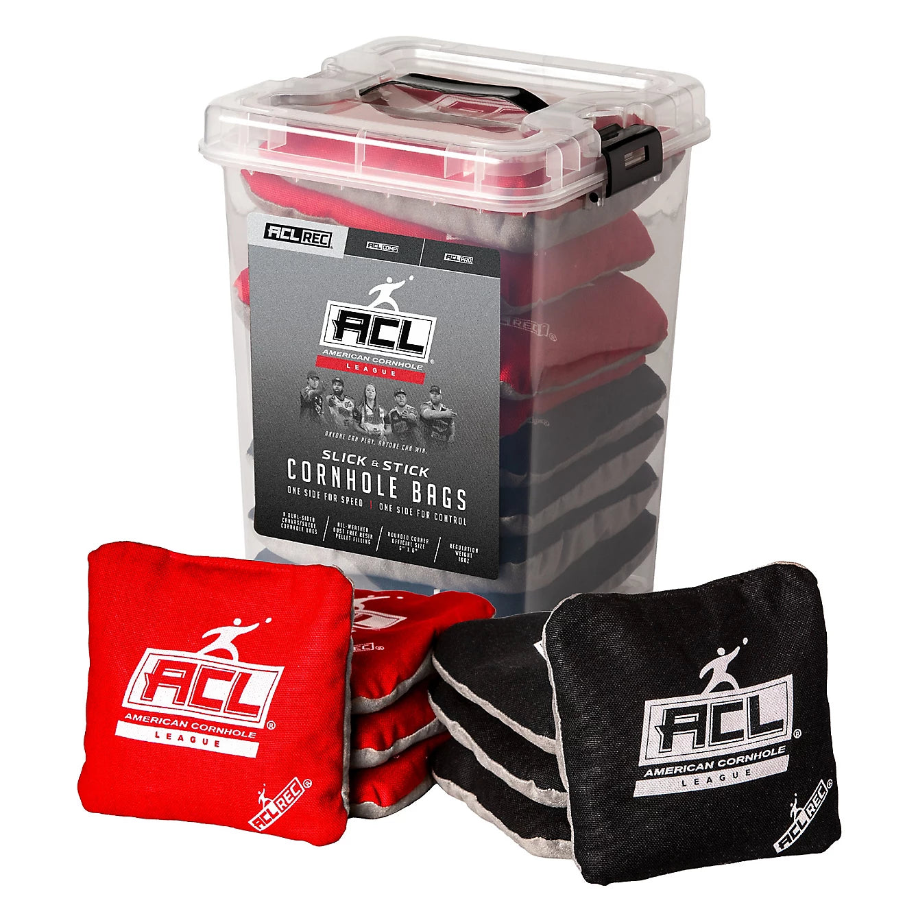 ACL REC rounded corner cornhole bags red and black 8 pack with storage container