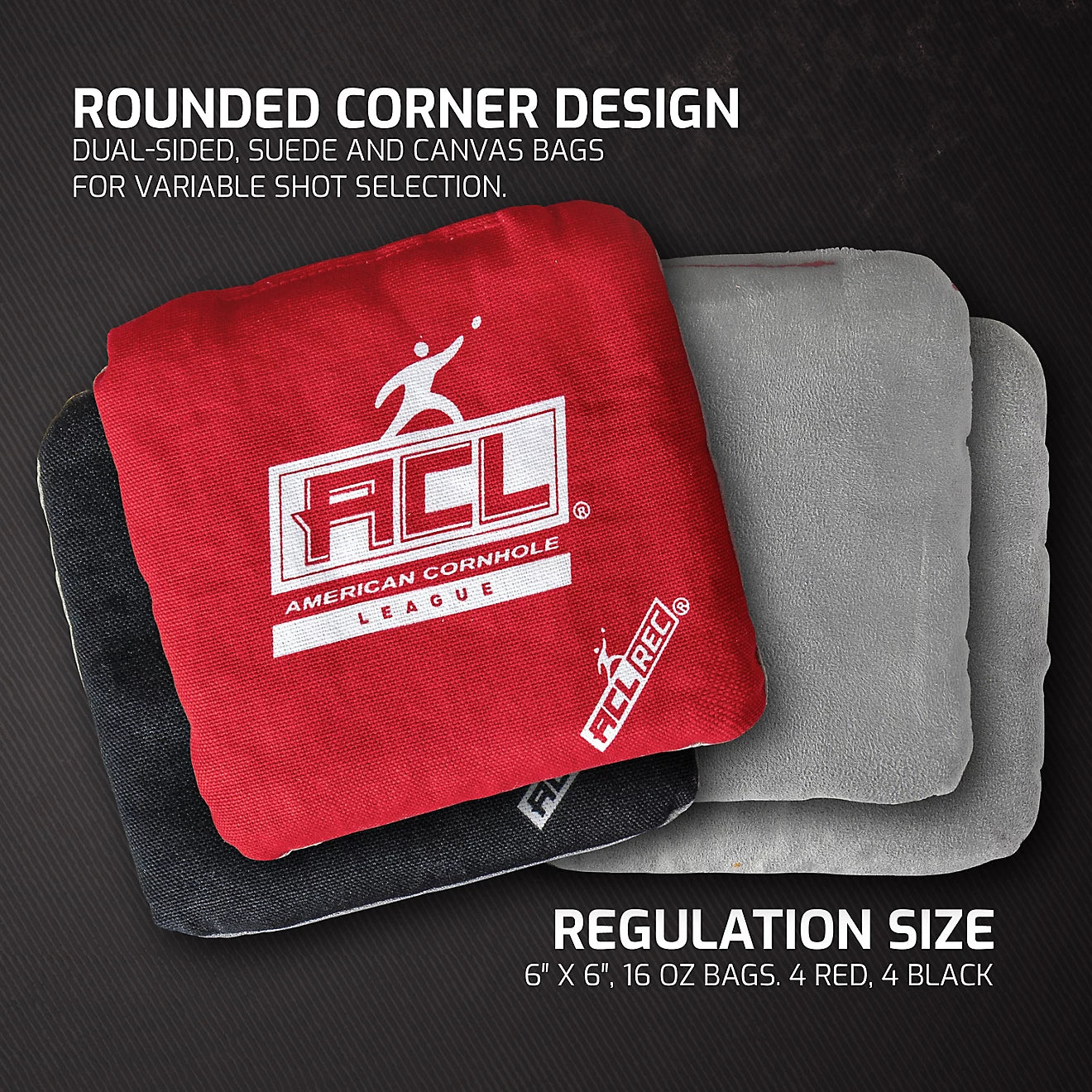 ACL REC cornhole bags 8 pack close up showing rounded corners and dual sided fabric